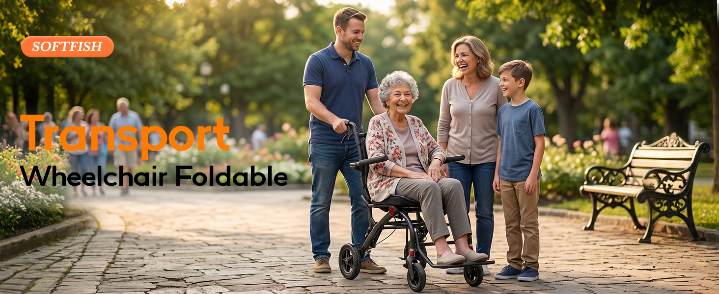 SOFTFISH Transport Wheelchair with Ergonomic Seat & Pull Rod, 1s Foot-fold Wheelchairs for Adults with Foldable Armrest & Footrest, Carbon Fiber Aluminum Frame Travel Transport Chair for Seniors