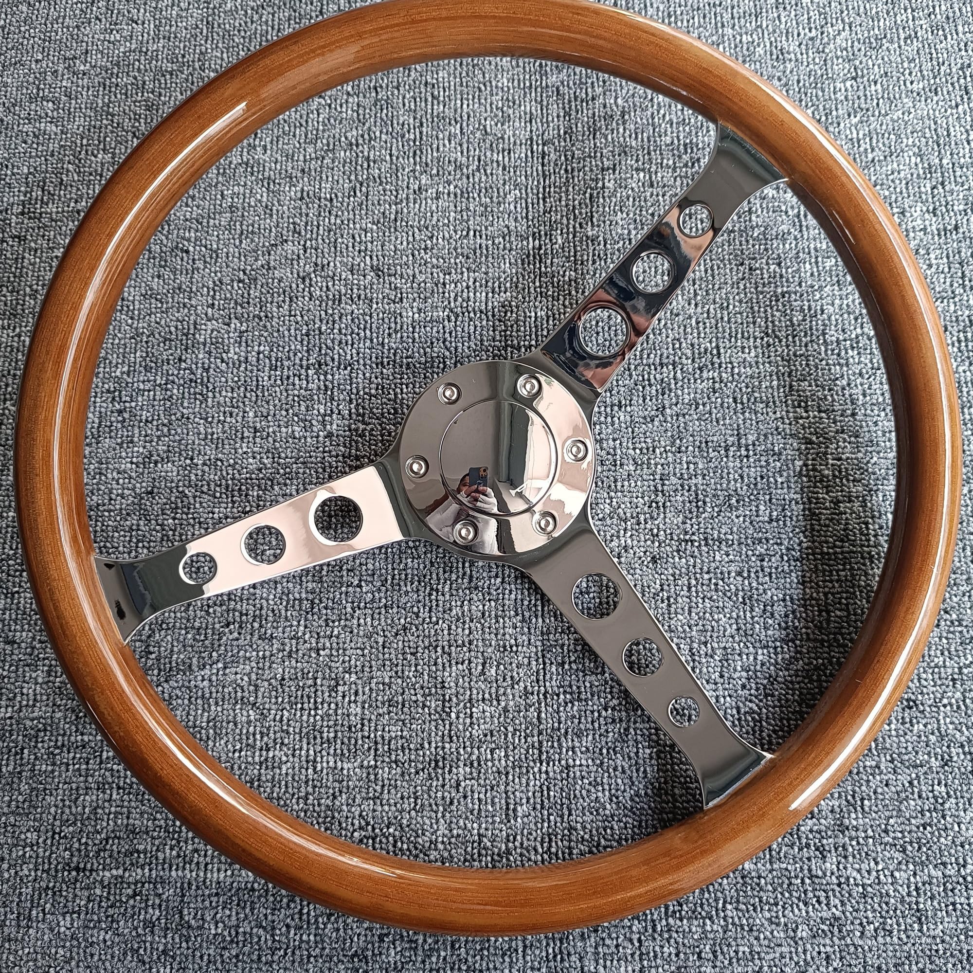 Volante universale classico con venature del legno a 3 razze vintage con pulsante clacson for volante da corsa/rally/sport motoristici(Light Wood Chrome Drilled)