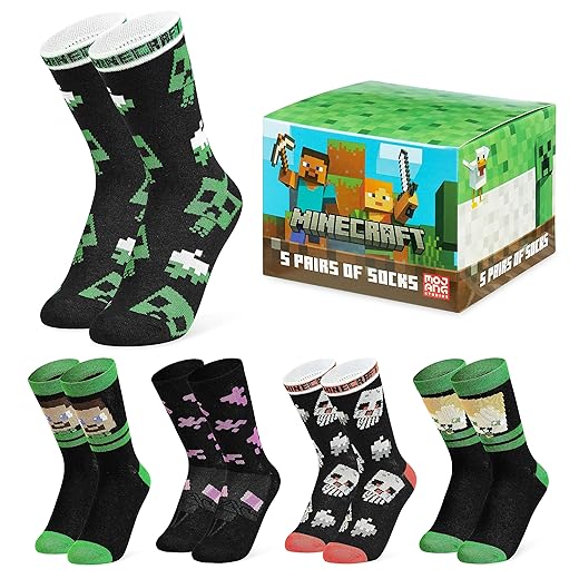 Minecraft Boys Socks 3 Pack or 5 Pack - Cotton-Rich Crew Kids Ankle Socks Everyday School Sports - Gaming Gifts for Boys (Black/Multi, 7-10 Years)