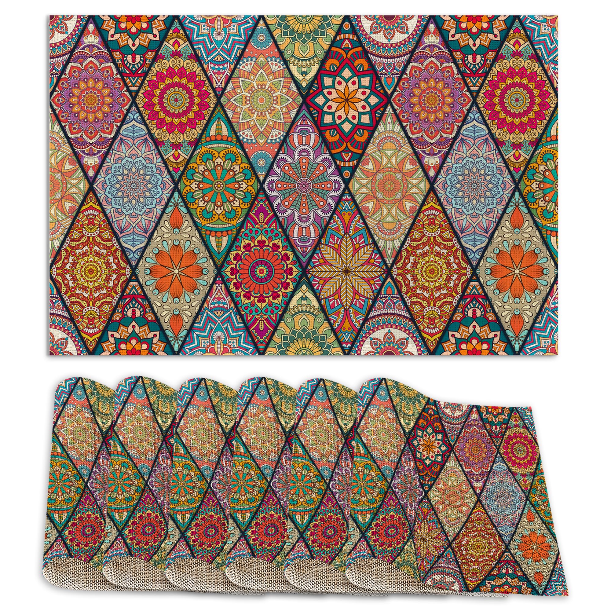 Juego de 6 manteles individuales lavables y coloridos bohemios antideslizantes, resistentes al calor, 12 x 18 pulgadas de grosor, manteles decorativos de lino para mesa de comedor y decoración del