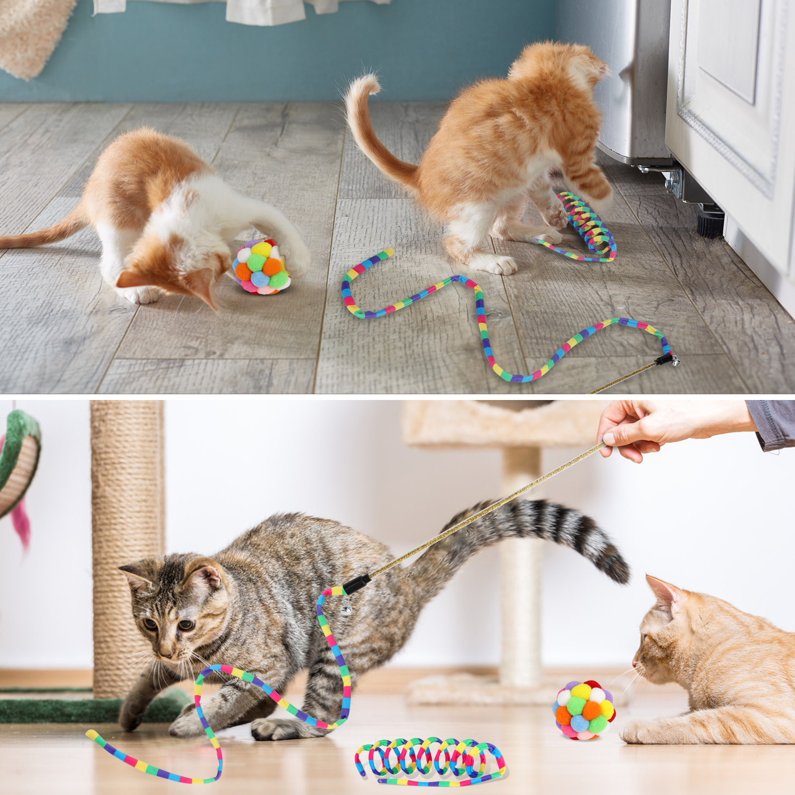 Amazon.com : TUSATIY Cat Toys 3Pack, Cat Wand Toy Cat Fuzzy Balls with  Bells &Cat Springs, Rainbow Color Interactive Cat Toys for Indoor Cats  Kittens (Rainbow-Purple) : Pet Supplies