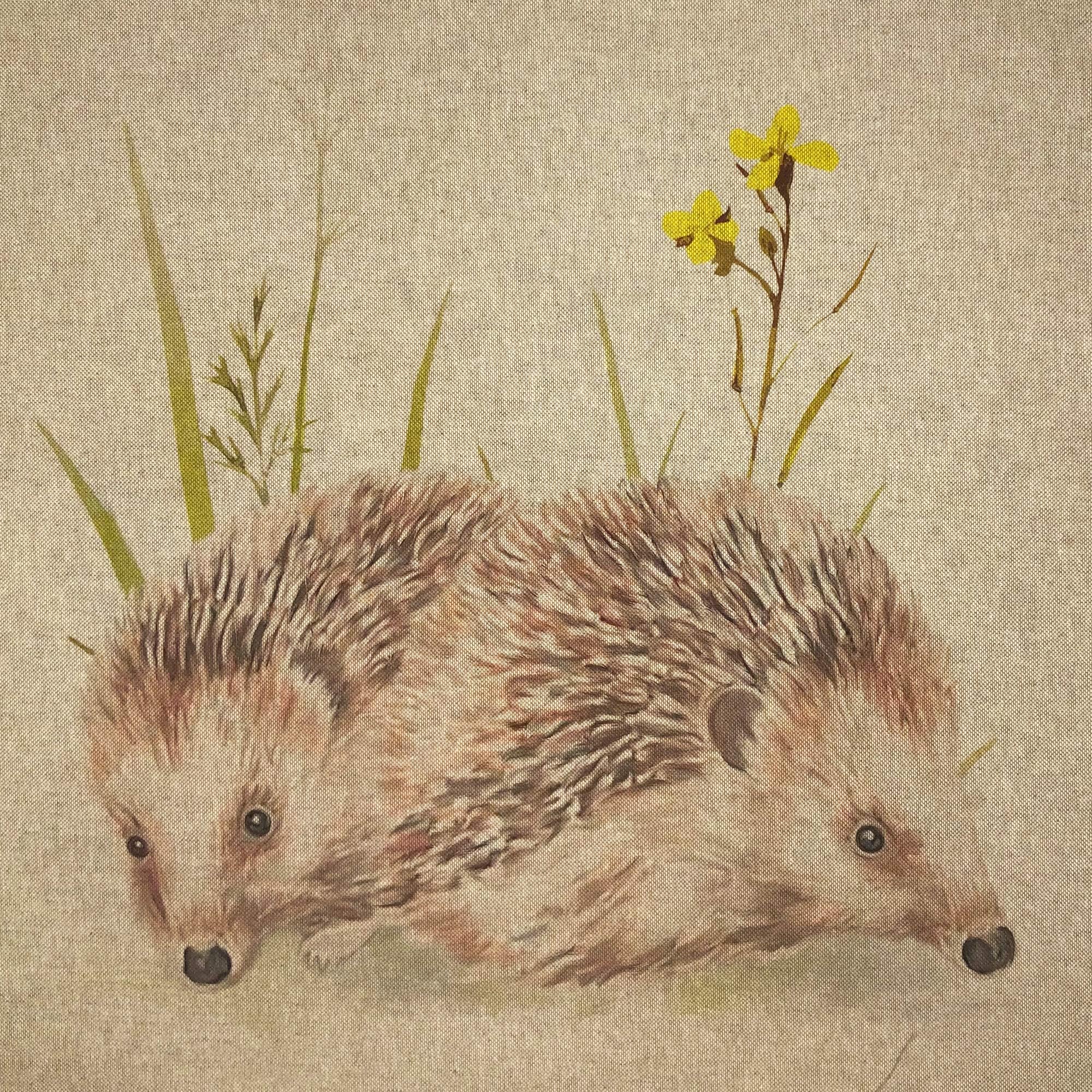 Hedgehog Watercolour Woodlands Animal Digital Print Design Cotton Rich Linen Look Fabric for Bunting Blinds Craft Quilting Patchwork & Upholstery | Sold Per Panel