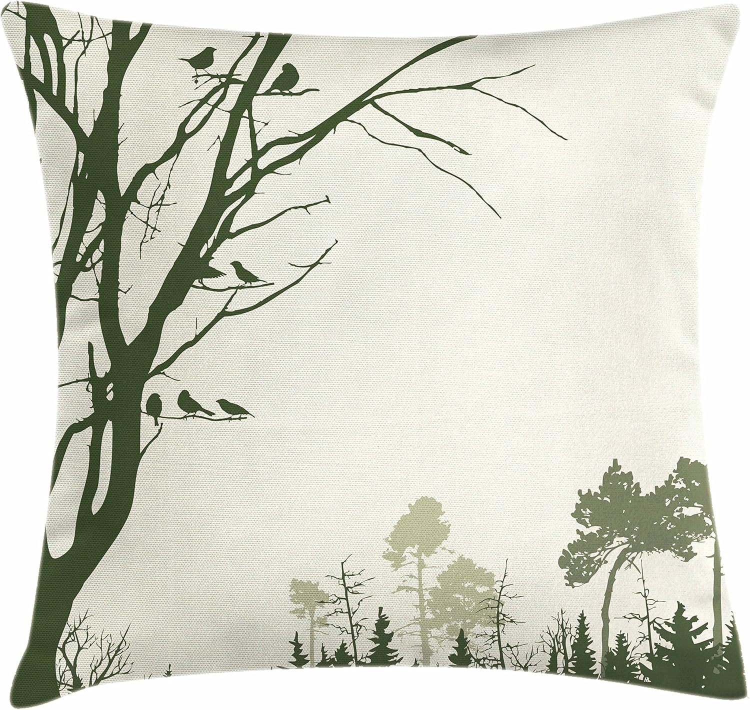 Ambesonne Forest Throw Pillow Cushion Cover, Nature Theme The Panorama of a Forest Pattern Birds on Tree Branches Print, Decorative Square Accent Pillow Case, 16" X 16", Olive Green 16" x 16" Olive Green