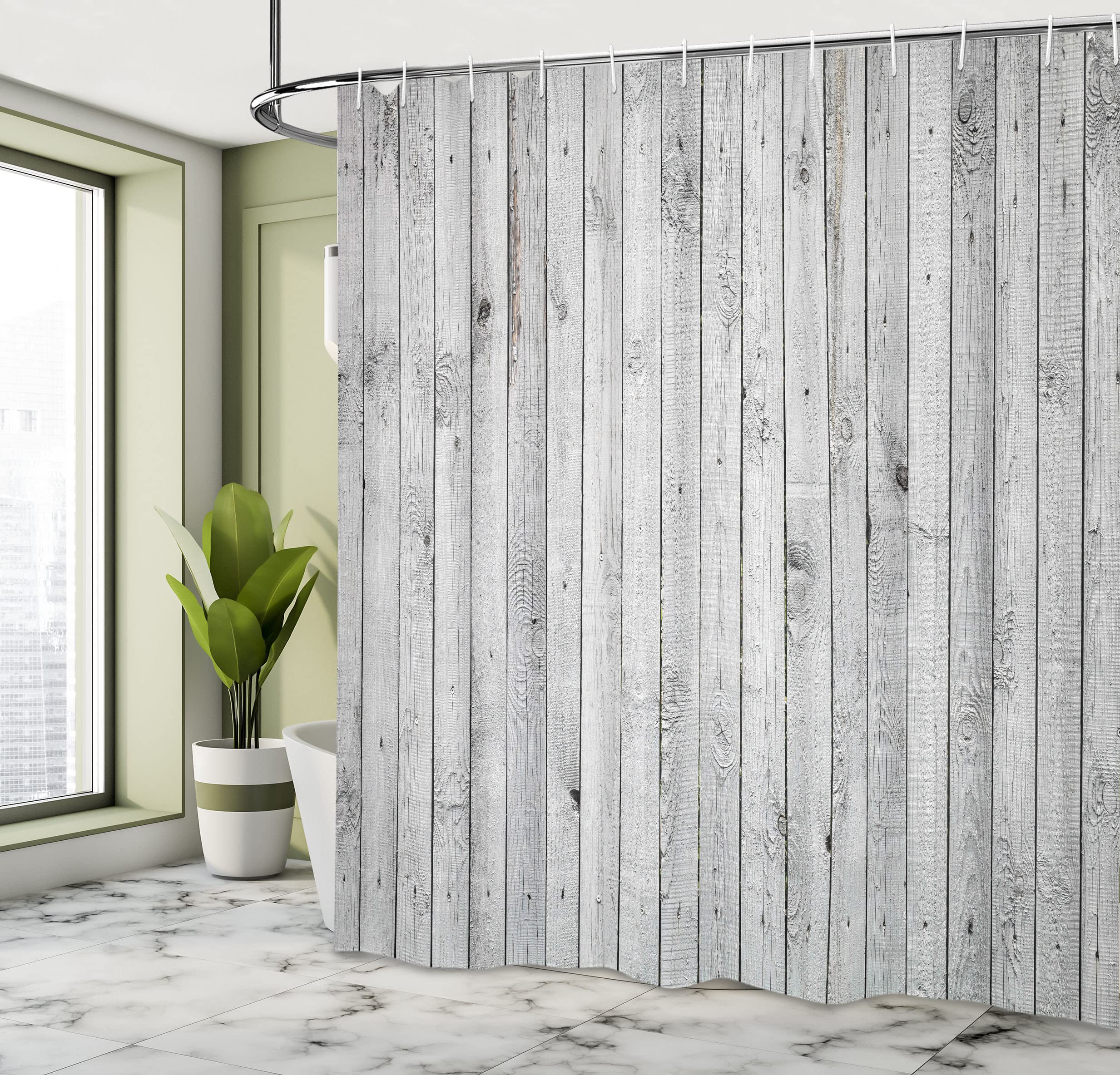 ABAKUHAUS Grey and White Shower Curtain, Vertical Lines Wooden Board Background Black and White Tone Vintage Planks Picture - Image 4