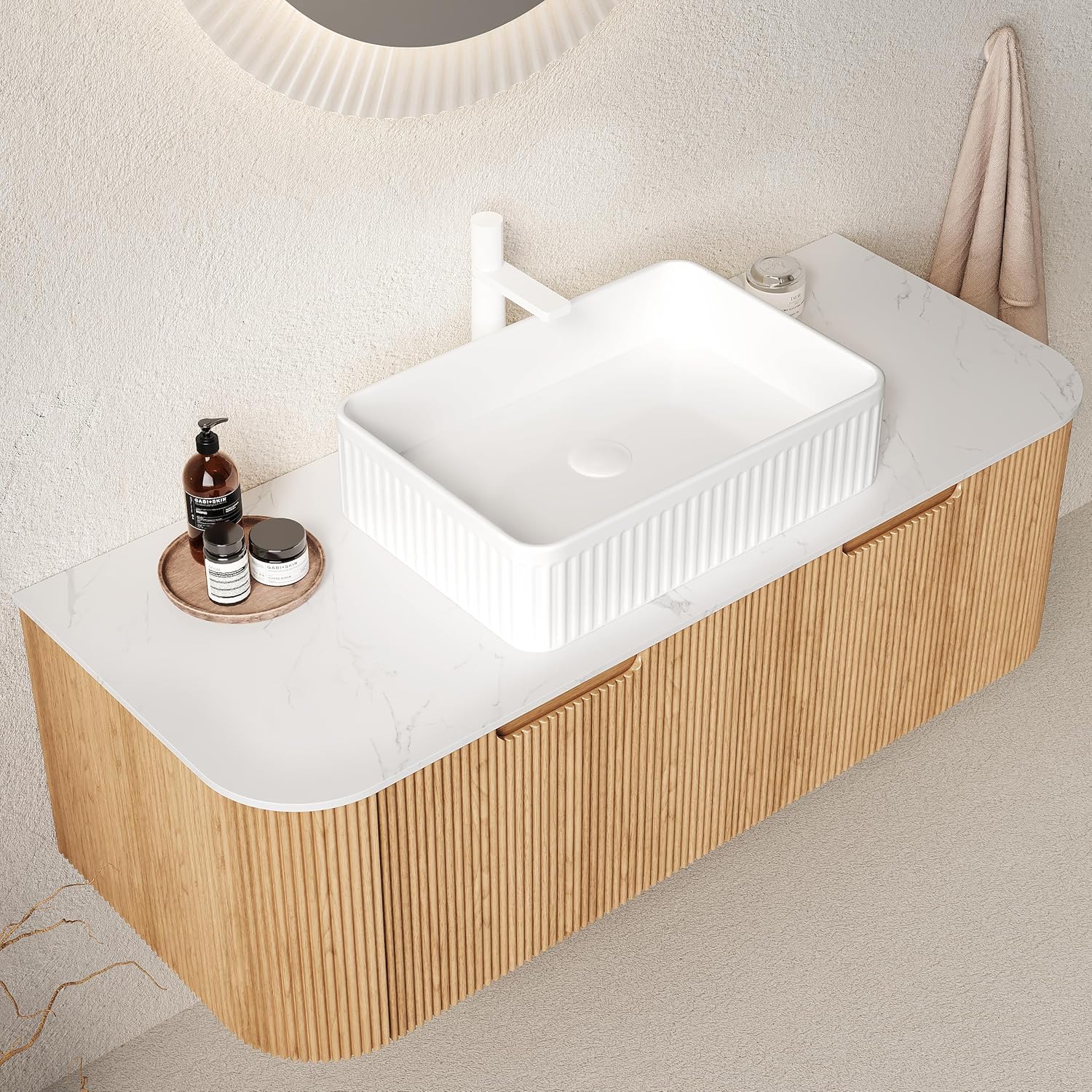 48'' Bathroom Vanities Cabinet with Sink, Wall Mounted Floating Cabinet W/Curved Edges Stripes, Oak Plywood, Soft-close System with 2 Drawer, White Rectangular Ceramic Basin - Kiel, Natural Wood/W