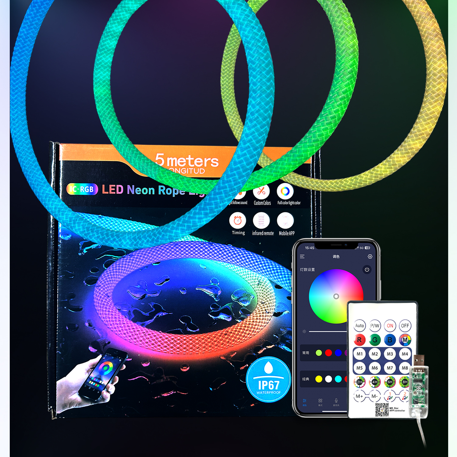 Image of 6.56ft LED Neon Rope Lights, Waterproof Music Sync Strip Lights with Remote & APP Control, USB-Powered Flexible Lighting for Christmas Halloween Decor, Gaming Room Bedroom Indoor Outdoor Decoration