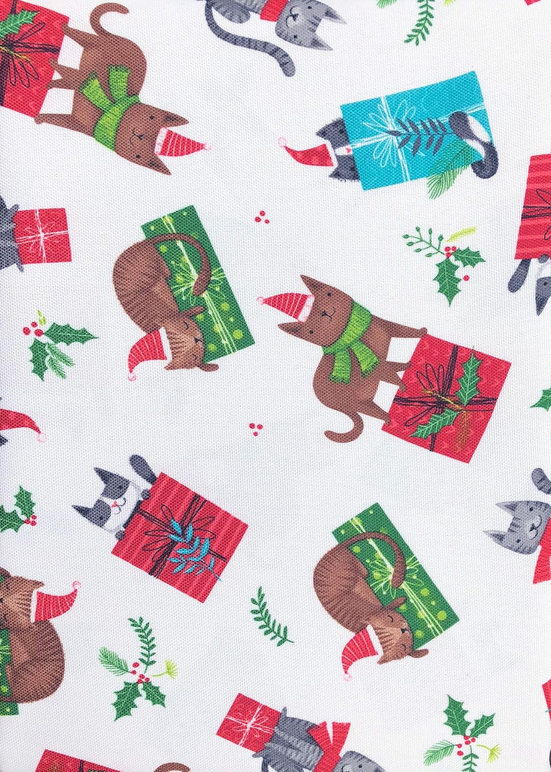 Cynthia Rowley Easy Care Holiday Tablecloth Happy Christmas Cats Hats Scarves on Gift Wrapped Presents Holly Berries White 60 Inches by 104 Inches
