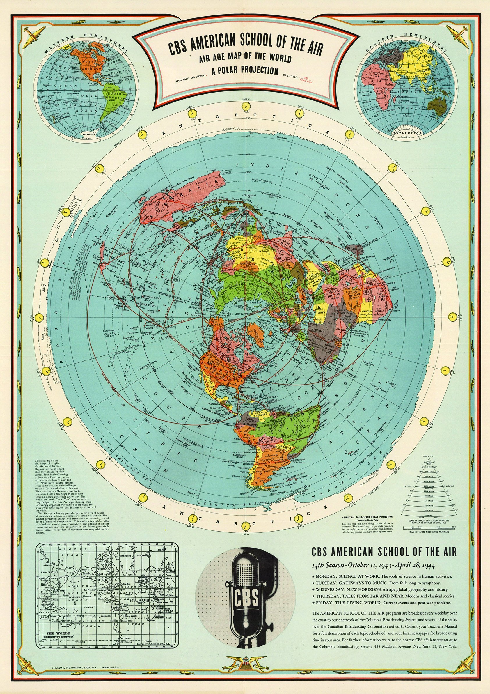 Flatearth.tv Full Color Cbs American School Of The Air | Map Of The World Poster (Flat Earth) (A2 16.5 X 23.4 In)