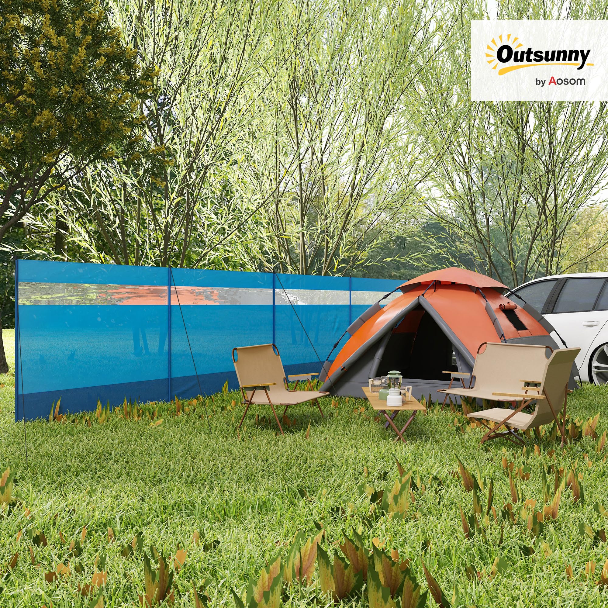 Outsunny Cortavientos para Camping de 4 Paneles, 725x140 cm, Paravientos Playa Impermeable con Postes de Acero, Panel Superior Transparente, Bolsa de Transporte y Estacas, para Playa y Jardín, Azul