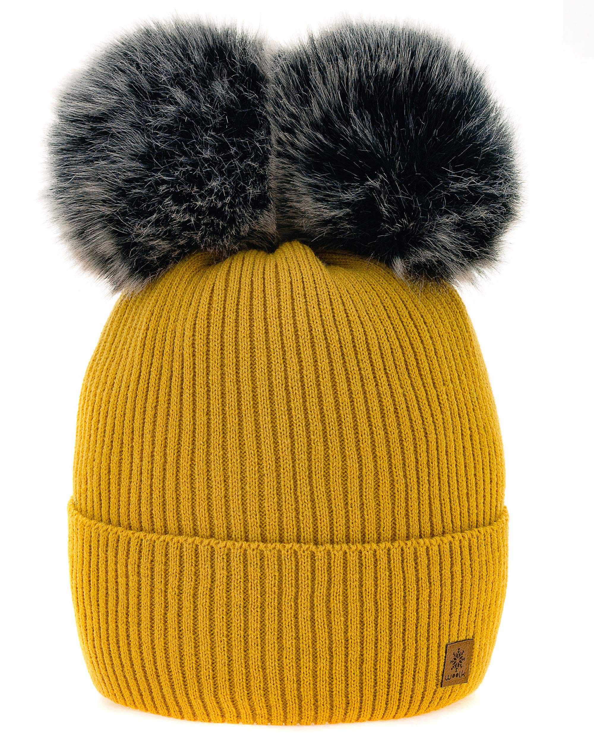 Girls Boy Winter Beanie Hat Knitted Hats Kids Girl With Double Pom Pom Youth Hat MFAZ Morefaz Ltd (Mustard)