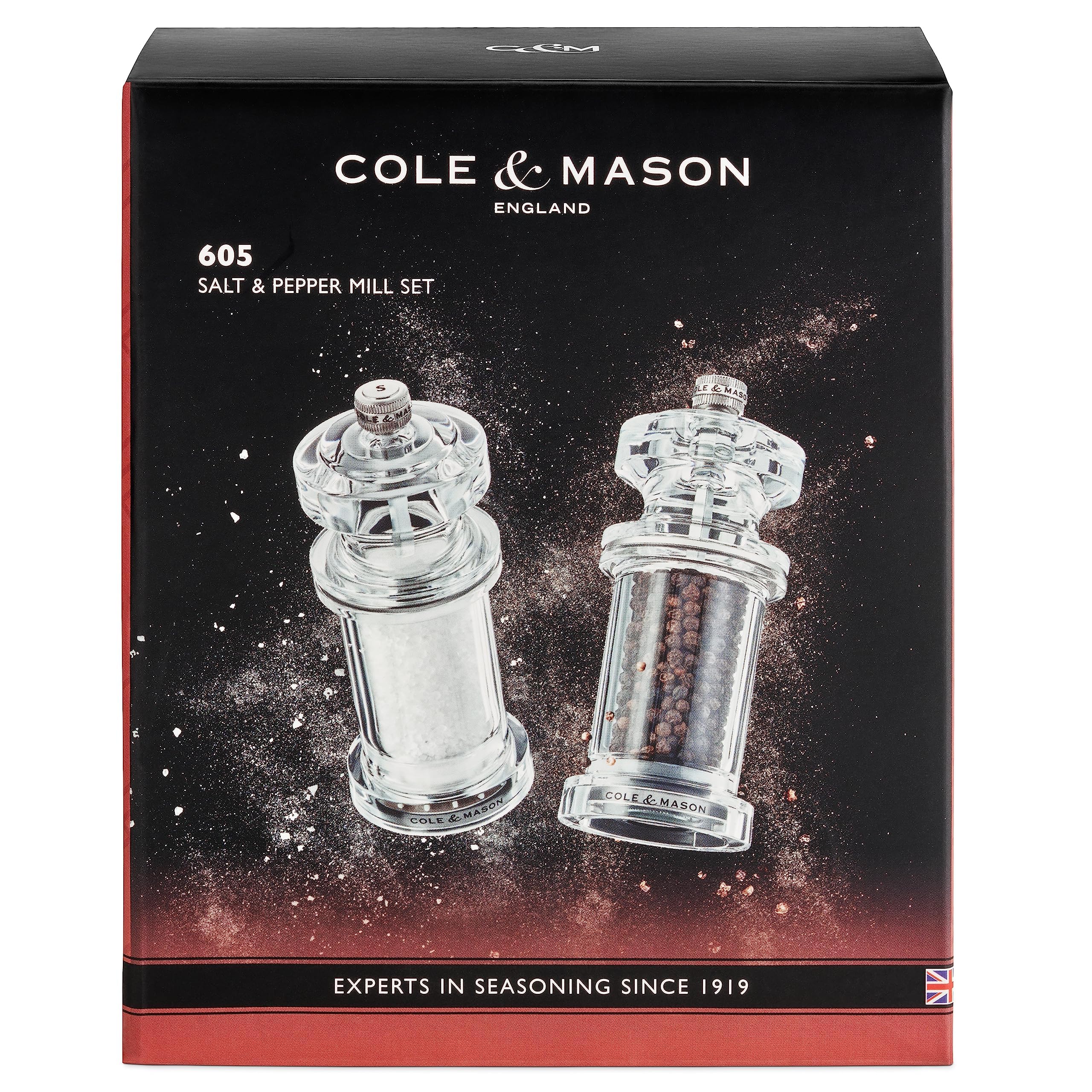 Cole & Mason 605 Salz und Pfeffermühle Set, Einstellbarem Keramikmahlwerk | Gewürzmühle, Precision+ verstellbarer Mahlgrad, Langlebiger Acryl/Edelstahl, Lebenslange Mechanik-Garantie, Geschenk Set