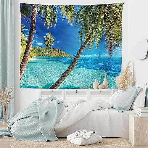 Miniatura 5 de Ambesonne Tapiz de océano, imagen de una isla tropical, tema de playa, estampado de palmeras y mar claro, decoración de tela para colgar en la pared