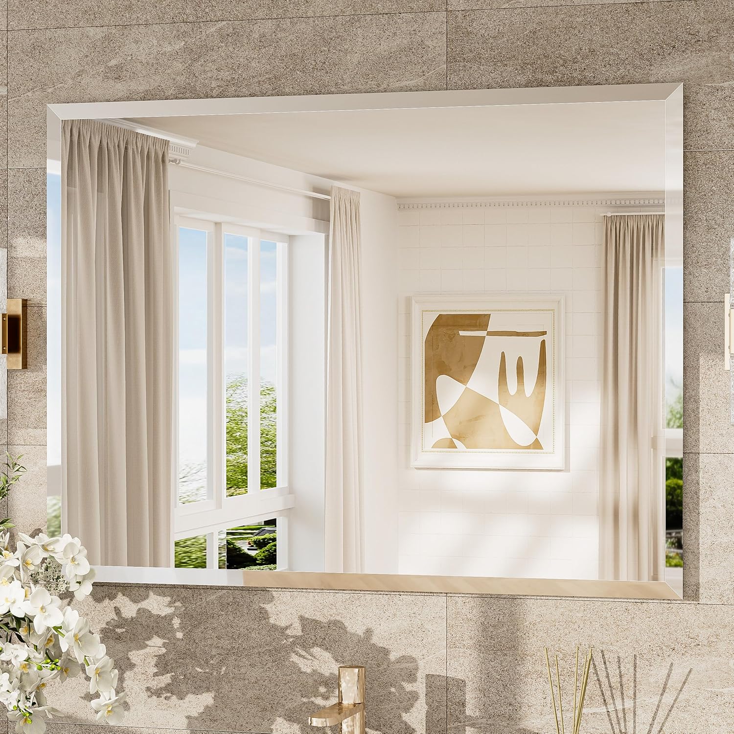 TokeShimi 40x30 Frameless Mirror Bathroom Rectangle, Bathroom Vanity Mirror Beveled with 1" Beveled Edge, Shatterproof Farmhouse Mirrored Wall Mounted for Living Room, Entryway, Restroom 30"L x 40"W Rectangle-Shaped