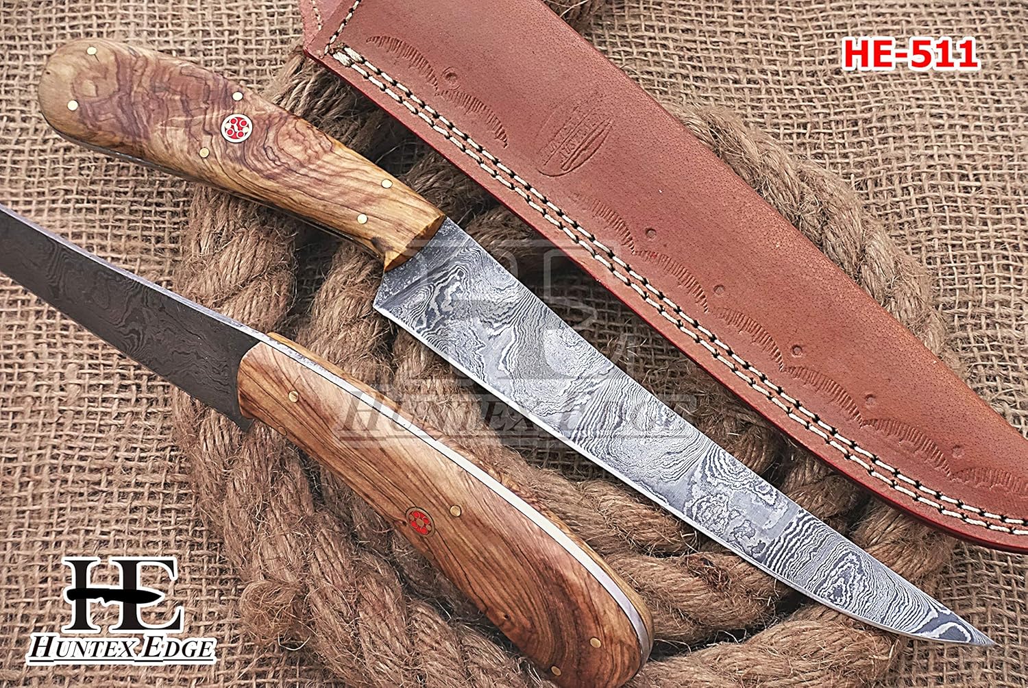 HUNTEX Handmade Hand-Forged Twist Pattern Damascus Steel 11.5 Inch Long Full Tang Olive Wood Handle Razor Sharp Hunting Camping Fillet Knife w/Genuine Leather Pouch