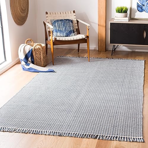 Miniatura 2 de SAFAVIEH Colección Montauk - Alfombra de área de 6 x 9 pies, color marfil y azul marino, tejido plano hecho a mano, bohemio con flecos de algodón