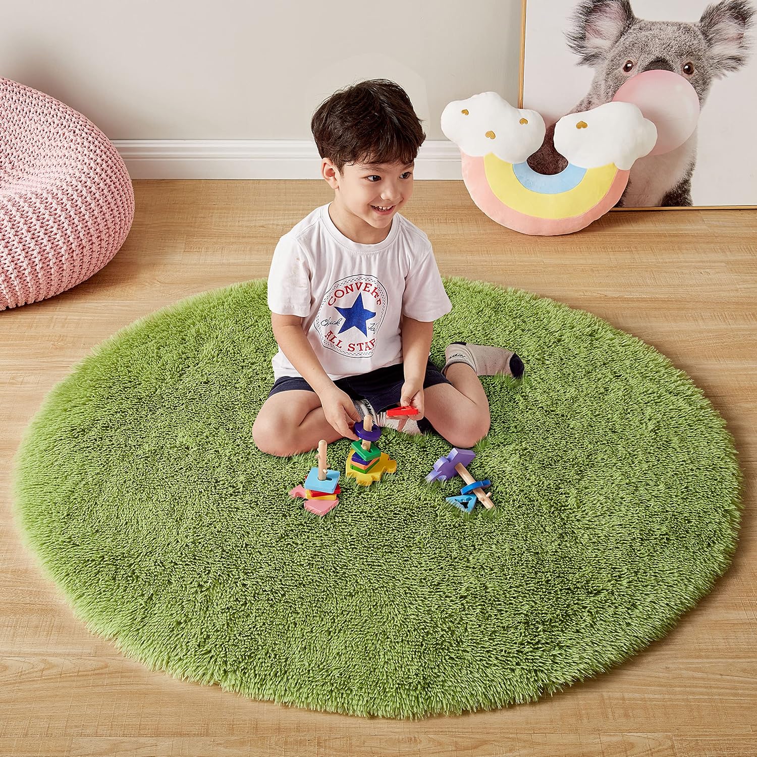 Fluffy Round Rugs, Cozy Soft 5ft Circle Green Rugs for Kids Room Cute Furry Circular Rugs Fuzzy