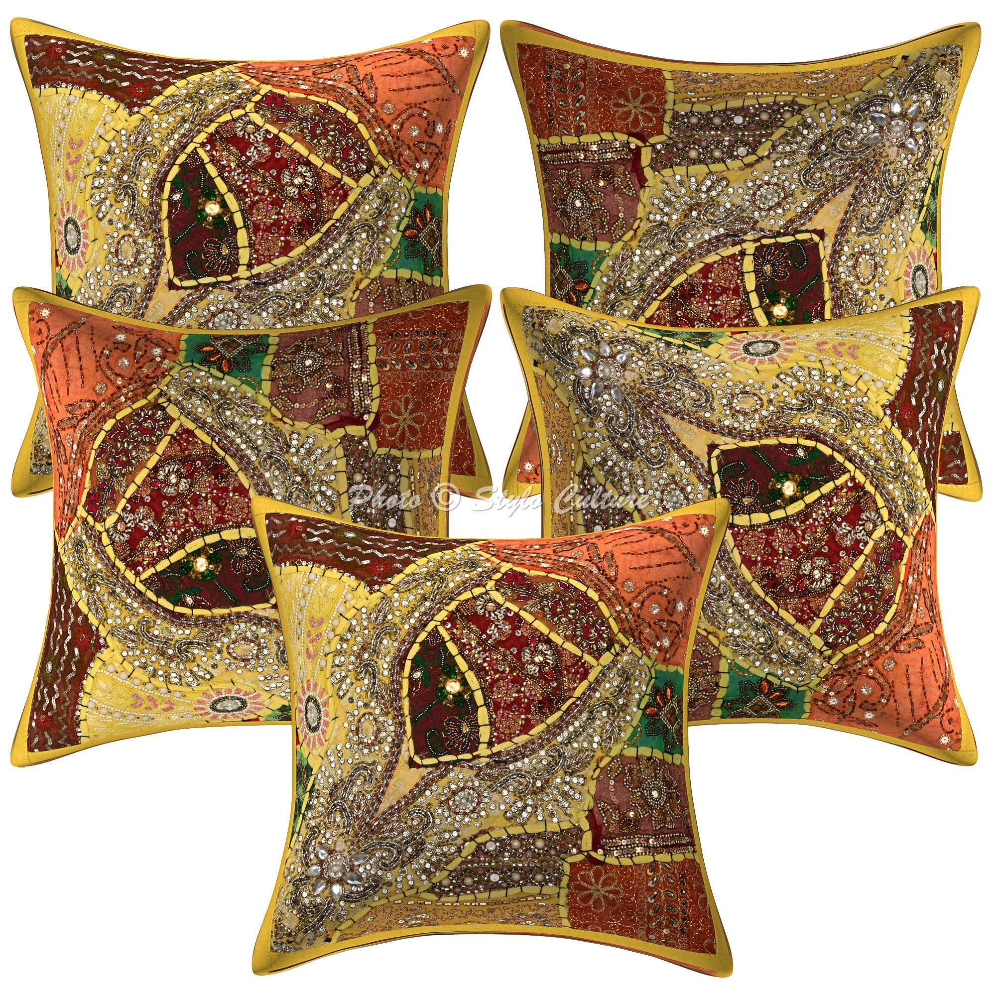 Bohemien Dekorativ Baumwolle Couch Kissenbezüge 40x40 cm Gelb Dekokissen Perlenbestickt Patchwork Schlafzimmer Sofa Kissen Bezüge Halsdesign Quadrat Kissenhullen - 5 STK.