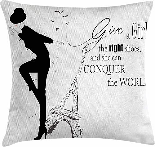 Ambesonne Funda de cojín para habitación de adolescentes, diseño de mujer masculina bailando por la Torre Eiffel y palabras motivacionales, funda de
