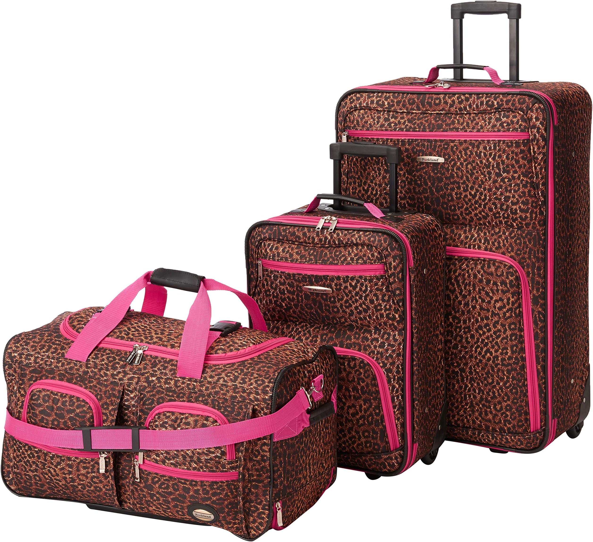 Vara Softside 3 Piece Upright Luggage Set, Expandable, (20"/28"/22" Rolling Duffel), Pink Leopard