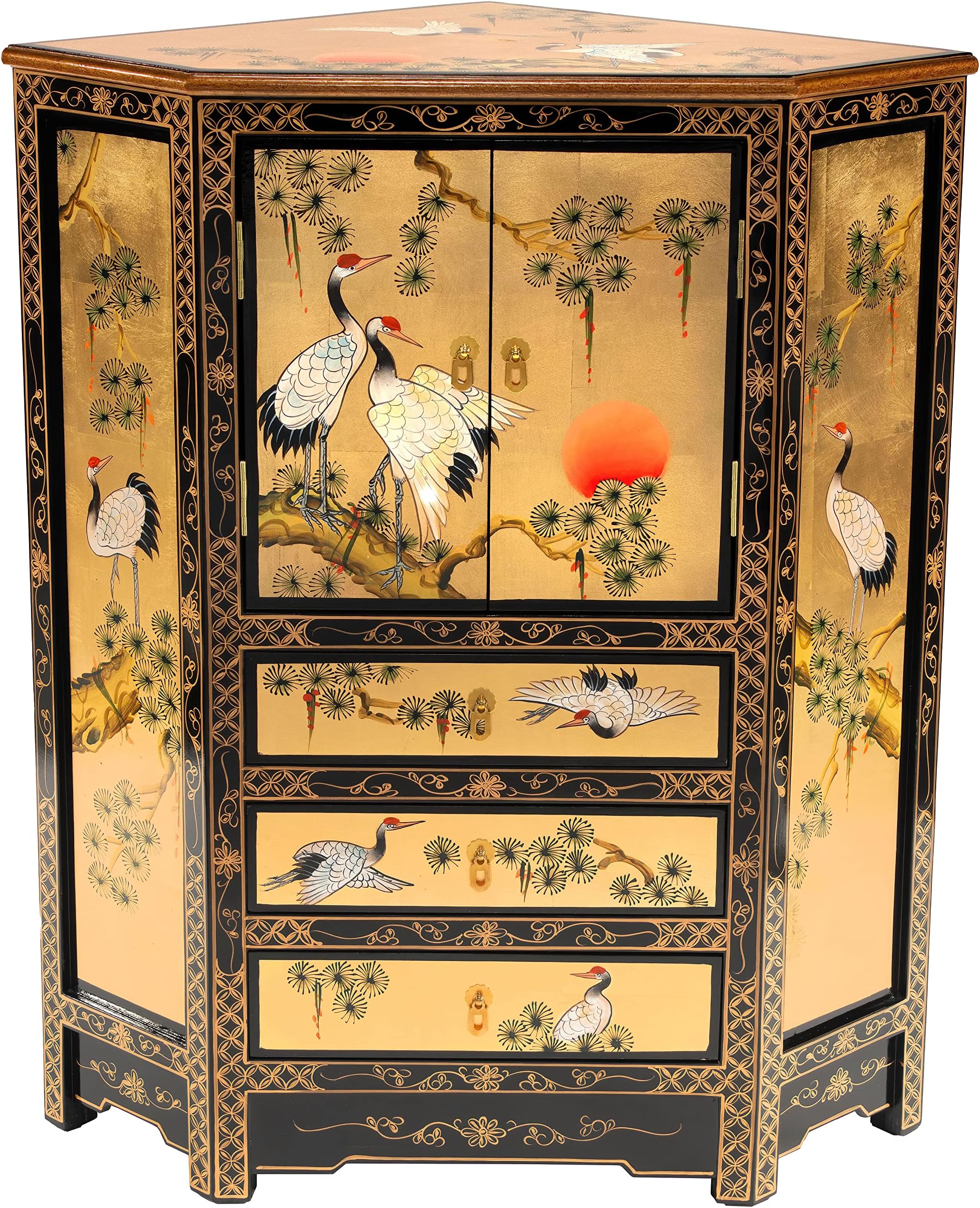 Hand Crafted Artisanal Gold Lacquer Corner Cabinet - Cranes