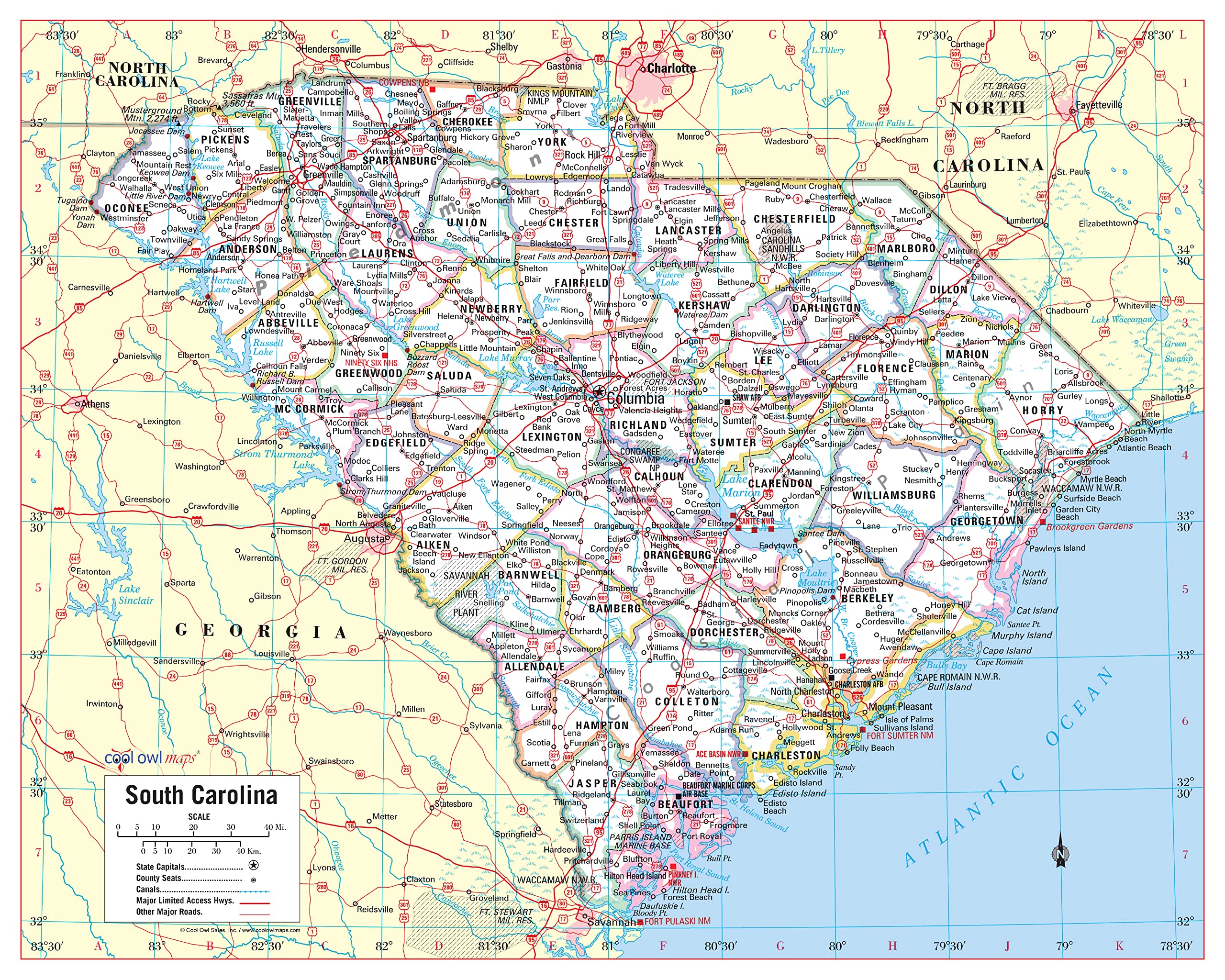 Cool Owl Maps South Carolina State Wall Map Poster Large Print Rolled 30"Wx24"H - Laminated
