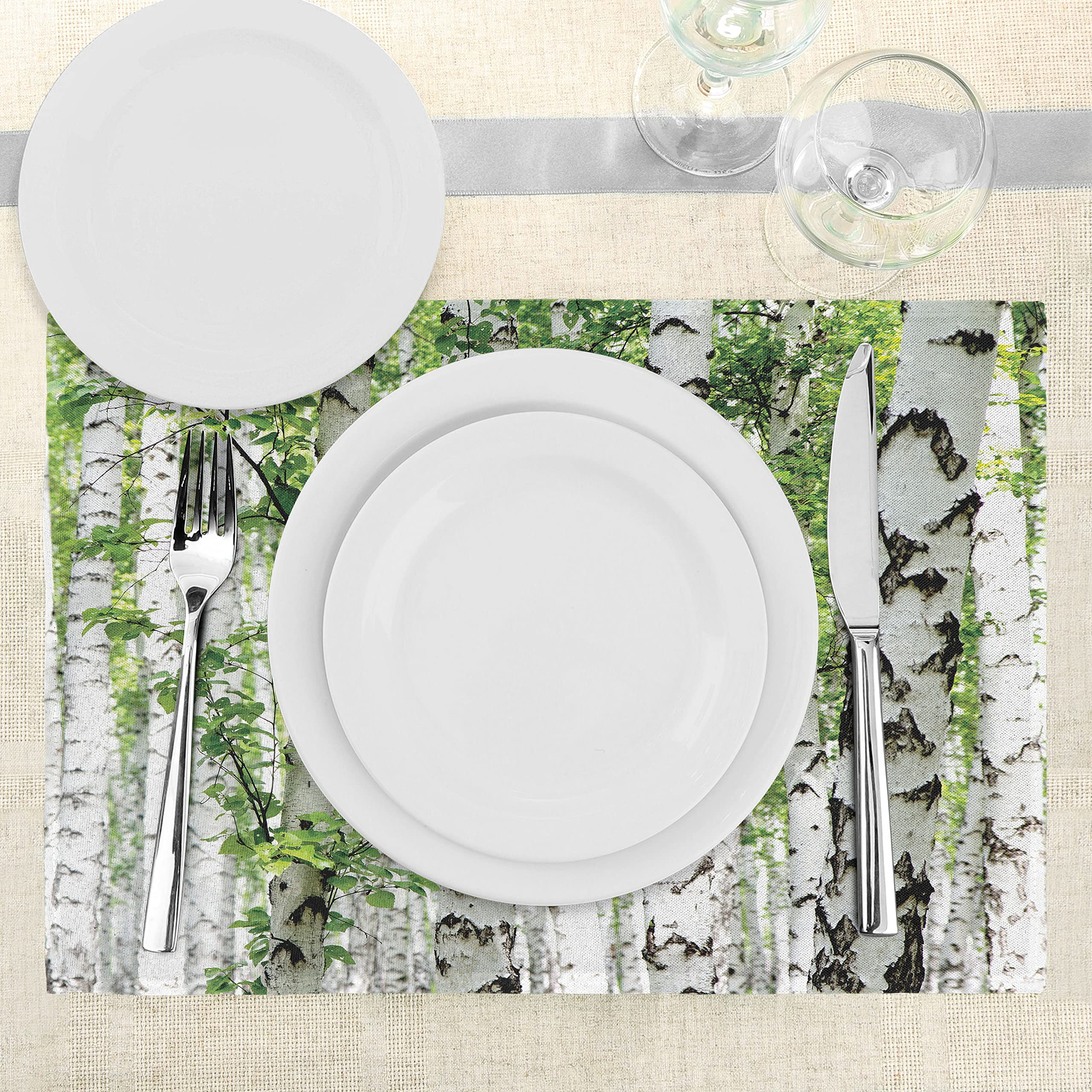 ABAKUHAUS Natura Tovaglietta Americana Set di 4, Scenario Foggy Foresta, Tovagliette in Tessuto Lavabile per Tavolo da Pranzo Cena, Arancione Fern Green