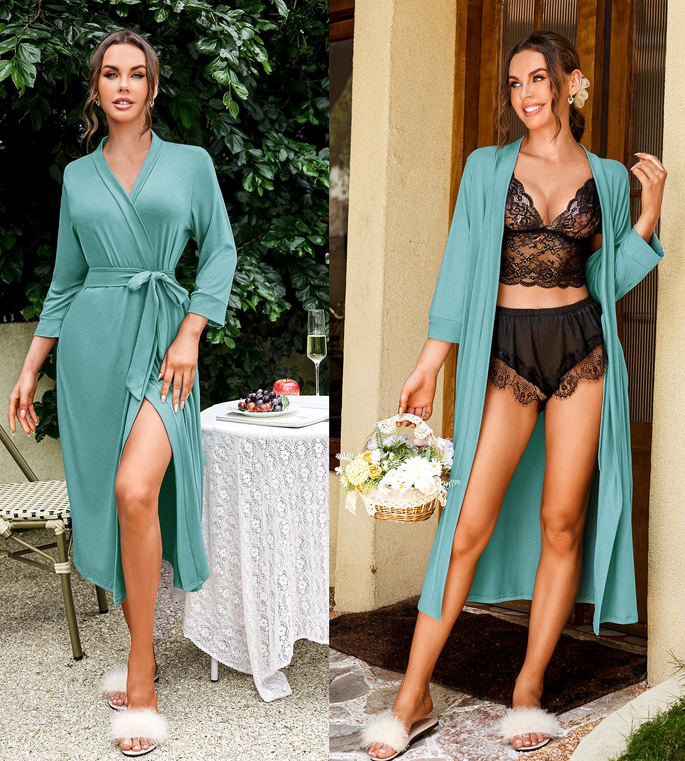 Unibelle Damski szlafrok z bawełny, rękawy 3/4, szlafrok kąpielowy, bielizna nocna, kimono, szlafrok do sauny z głębokim dekoltem w serek