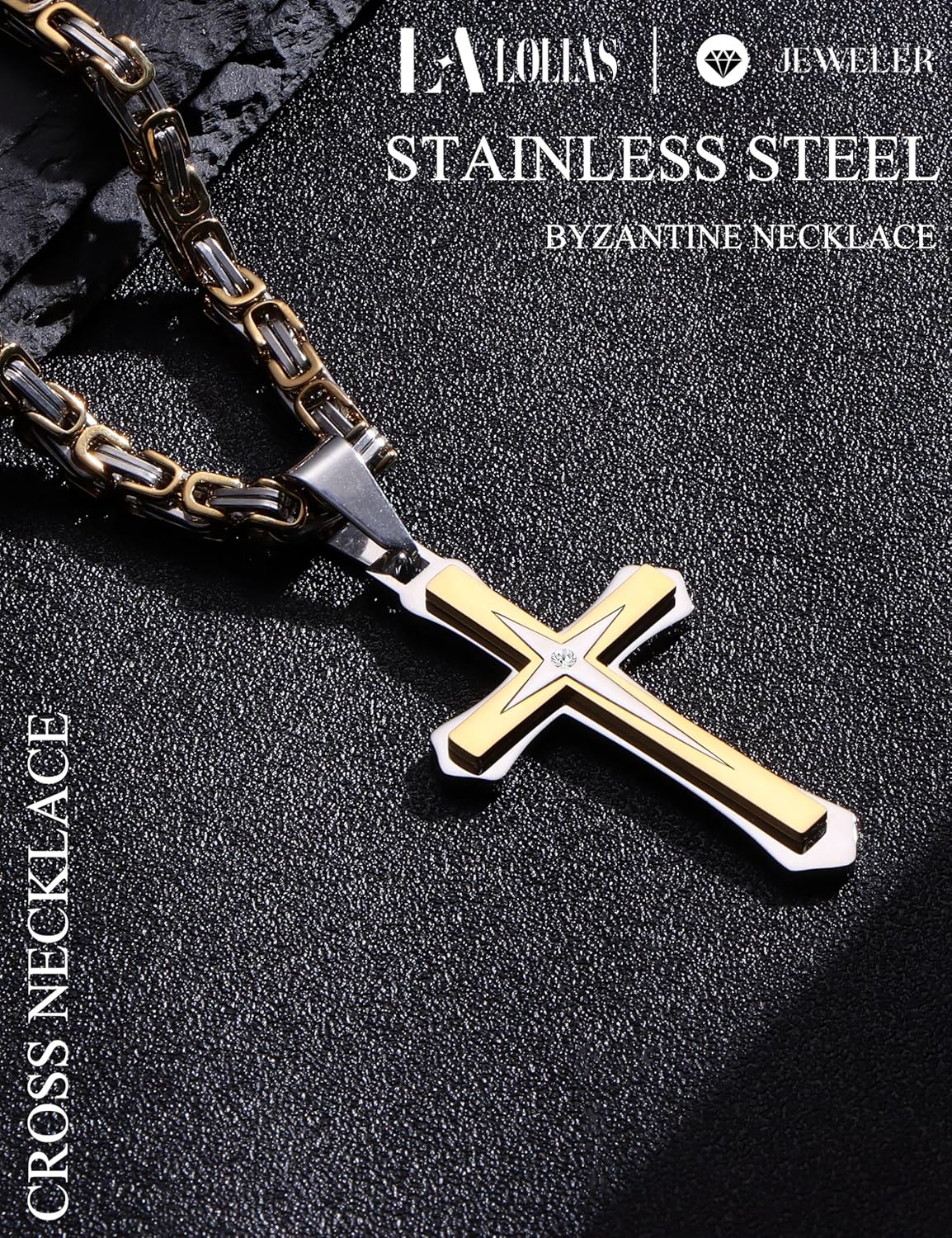 LOLIAS Black 14K Gold Plated 𝐂𝐫𝐨𝐬𝐬 𝐍𝐞𝐜𝐤𝐥𝐚𝐜𝐞 for Men Stainless Steel 𝐁𝐲𝐳𝐚𝐧𝐭𝐢𝐧𝐞 Chain With Cross Pendant Necklace 𝐌𝐞𝐧𝐬 𝐆𝐢𝐟𝐭 22-30Inch - Image 6