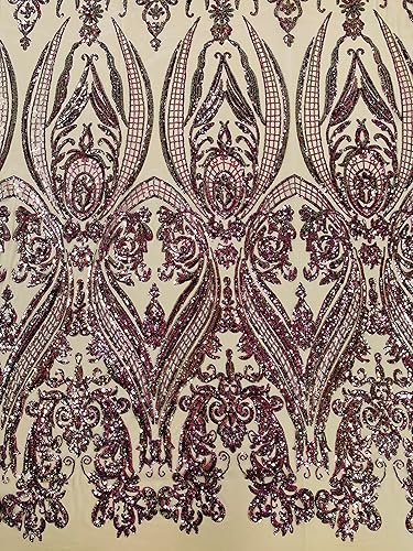 Miniatura 10 de Telón de fondo King INC Empire Damask Design con lentejuelas bordadas en una tela de malla elástica de 4 vías (rojo sobre malla negra)