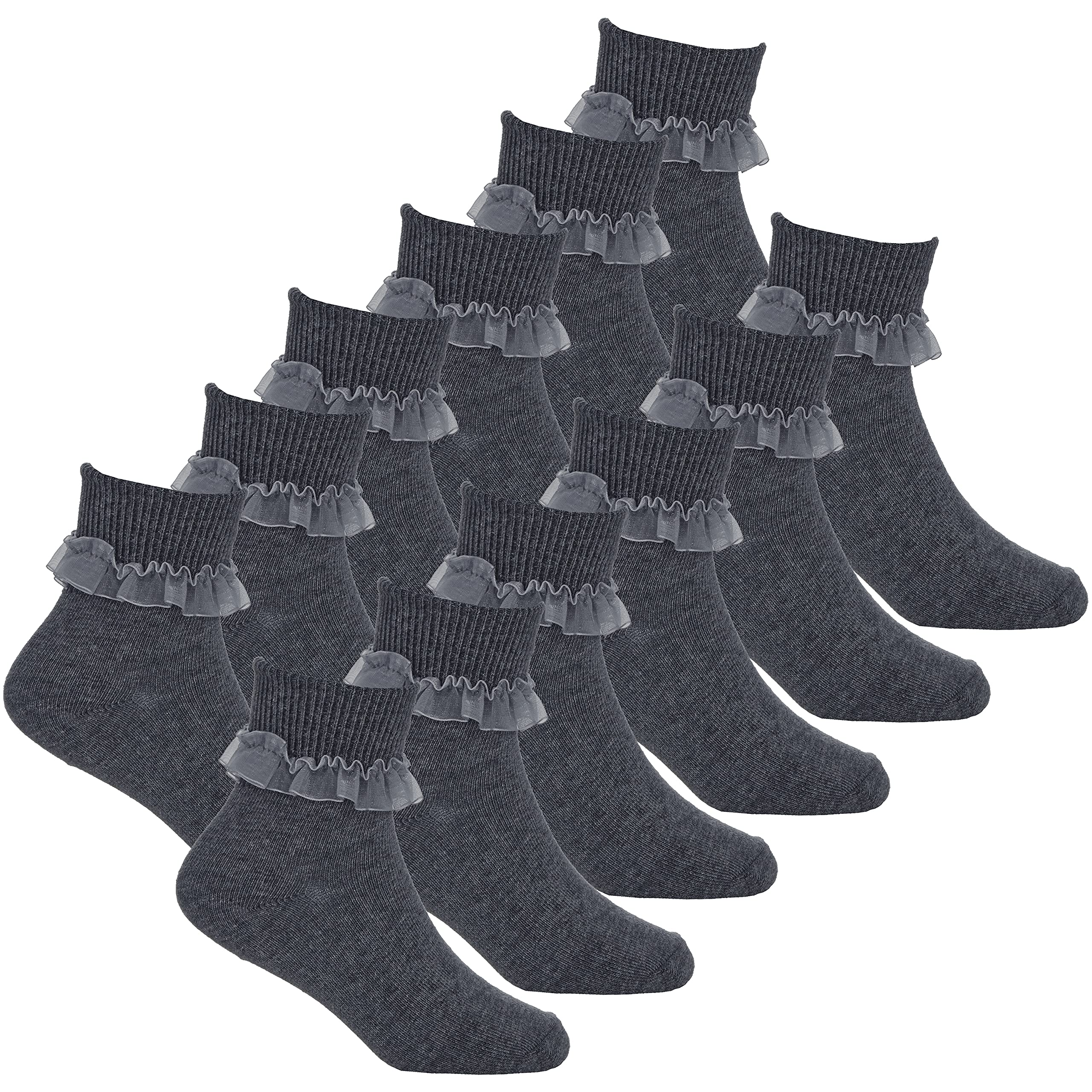 Metzuyan Girls 3-Pack Frilly Socks Organza Lace Frill Back to School Grey 12.5-3.5