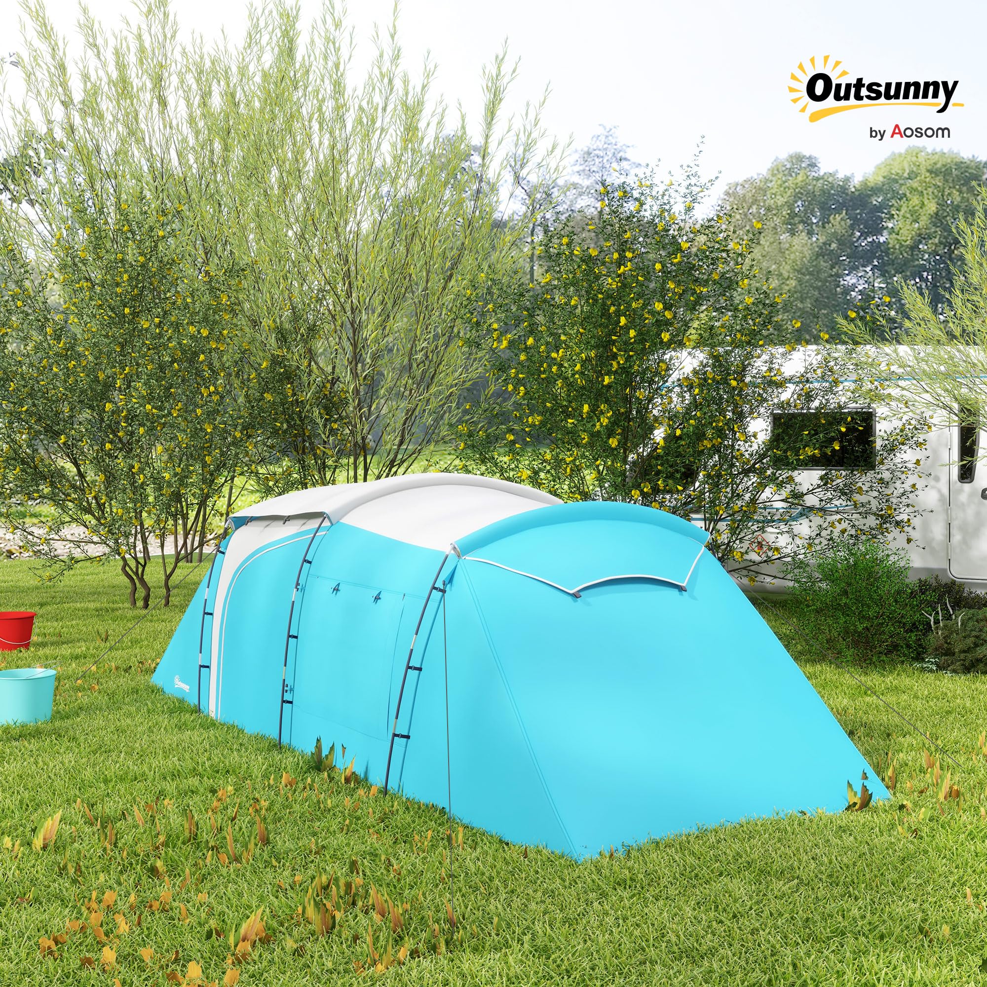 Outsunny Tente de Camping familiale pour 3-4 Personnes, Tente Tunnel avec 2 Chambres, 4 Portes et 4 fenêtres, Sac de Transport, imperméable, 460 x 220 x 175 cm, Bleu