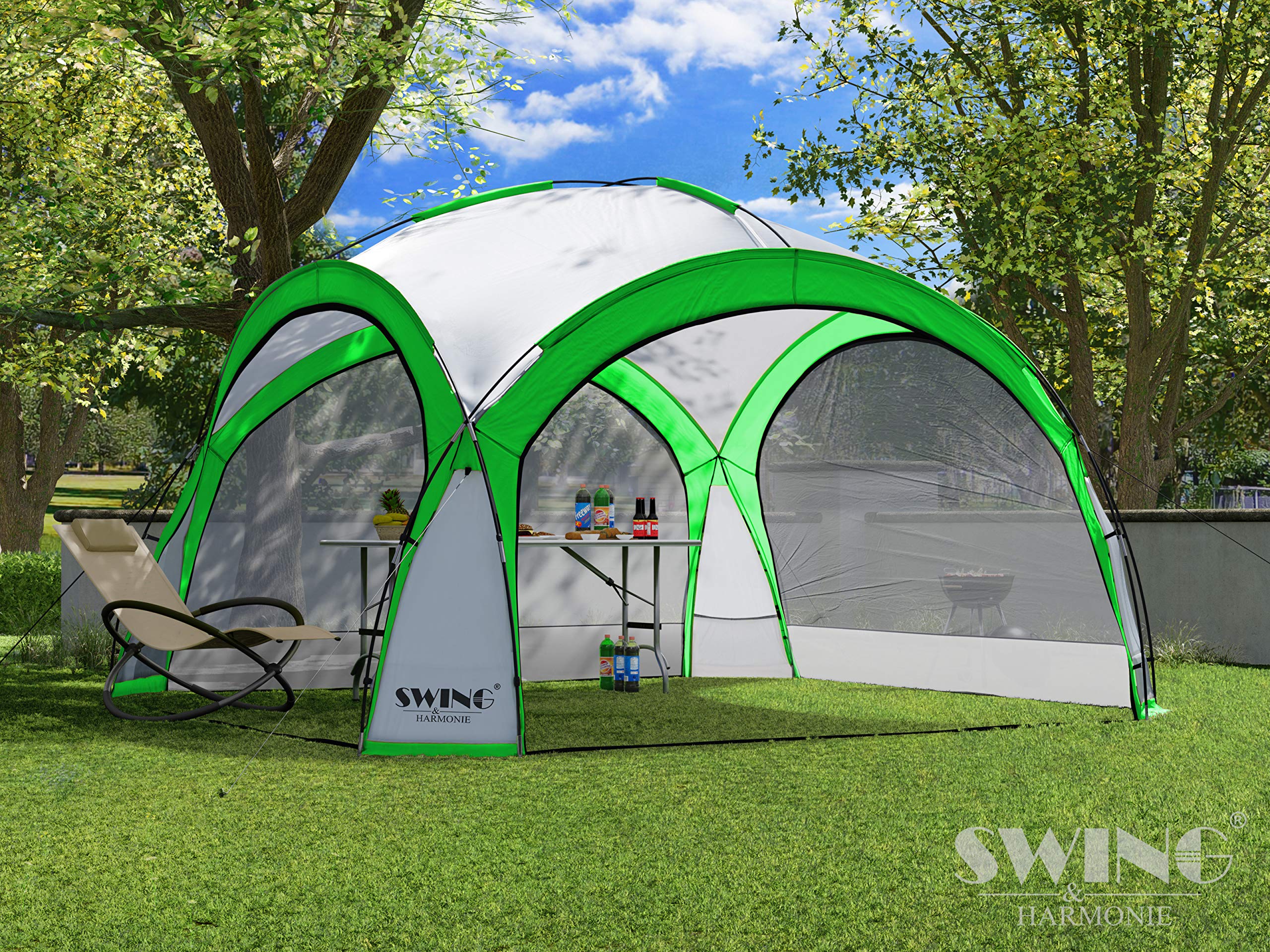 XXL LED Event Pavillon 4,5 x 4,5m DomeShelter Garten Pavillion inkl. Solarmodul Pavilion Designer Gartenzelt Camping Pavilon Partyzelt mit Beleuchtung (450cm - grün)