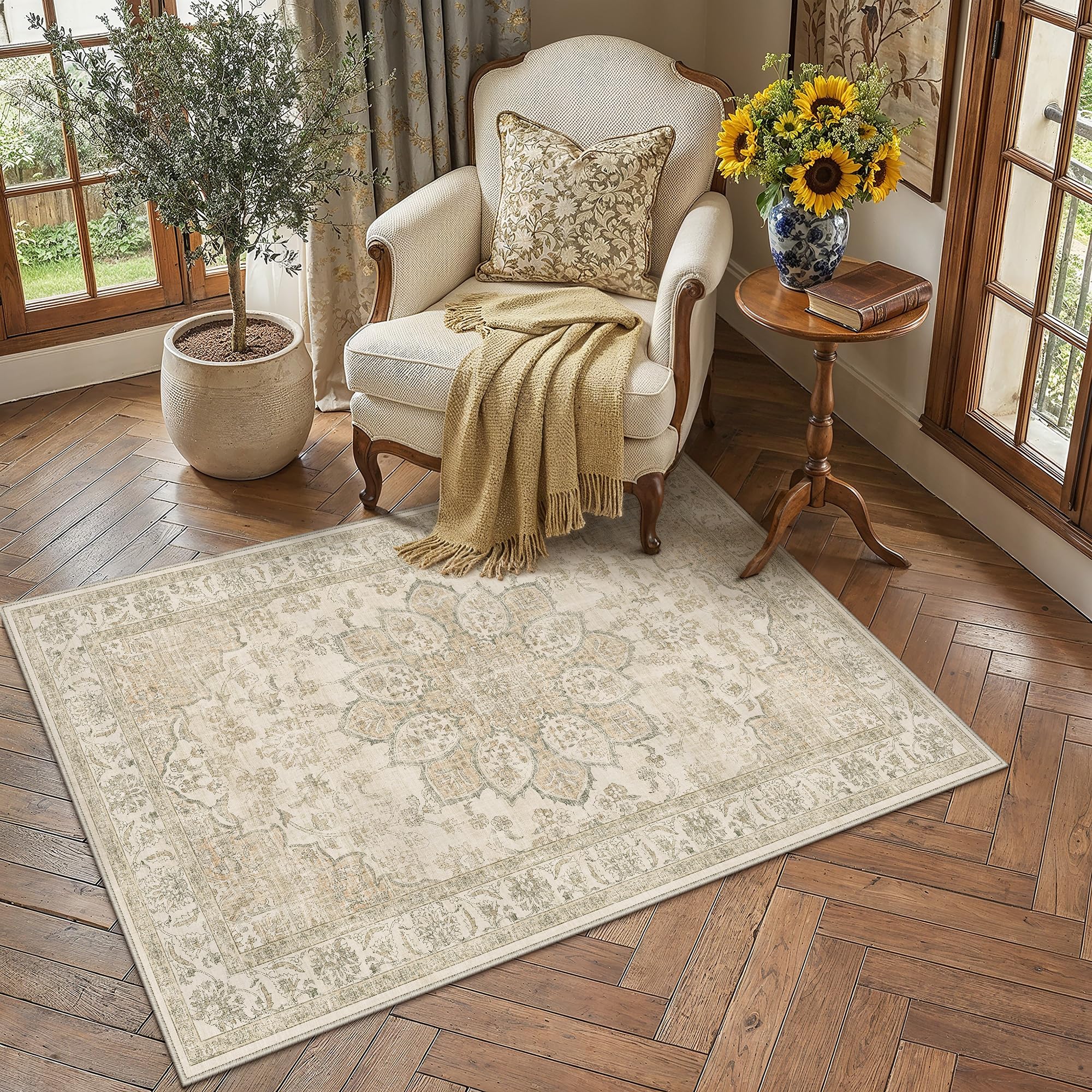 PureCozy Beige Teppich Wohnzimmer 80x150cm Vintage Wohnzimmerteppich Waschbarer rutschfest Weich Groß Carpet Teppiche Schlafzimmer Esszimmer Büro Kurzflor Tepich Rug
