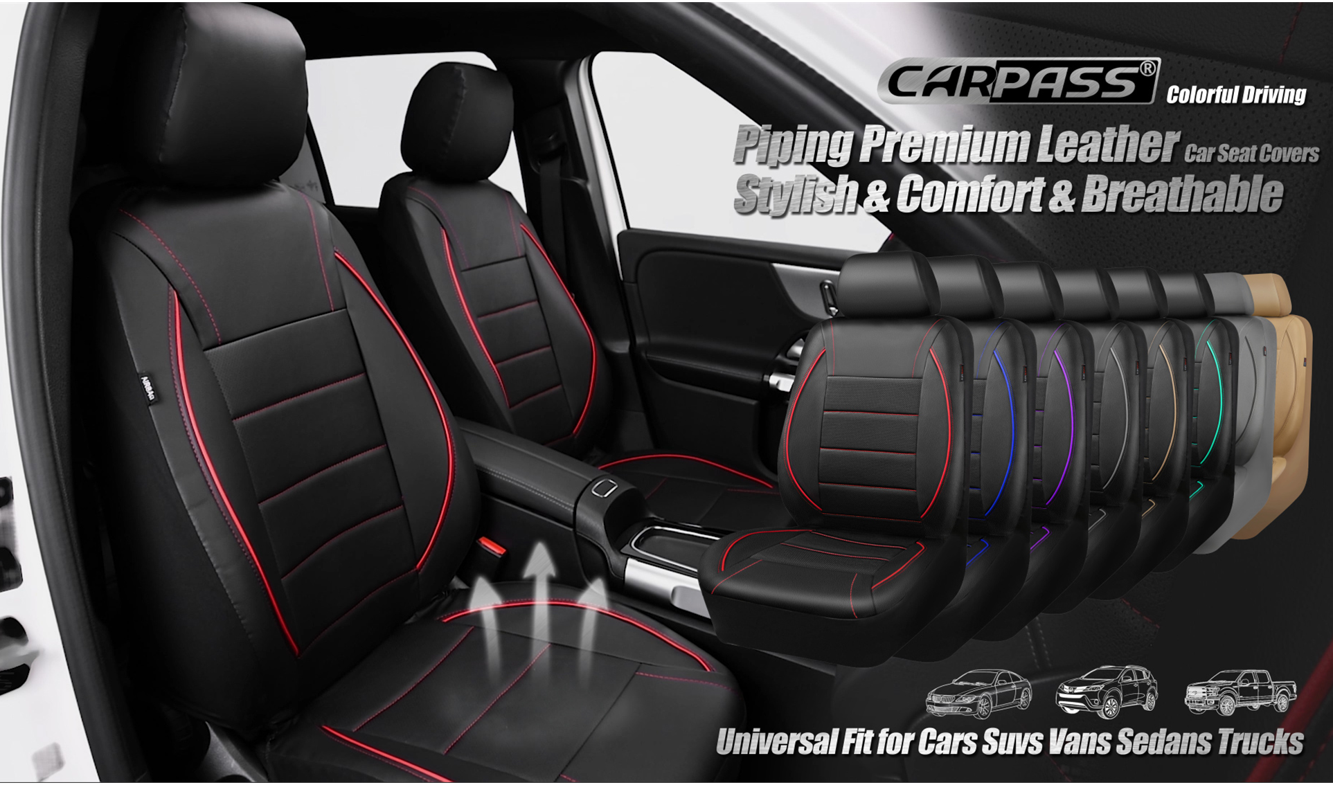 CAR PASS Universal FIT Piping Leather Car Seat Cover, for suvs,Van