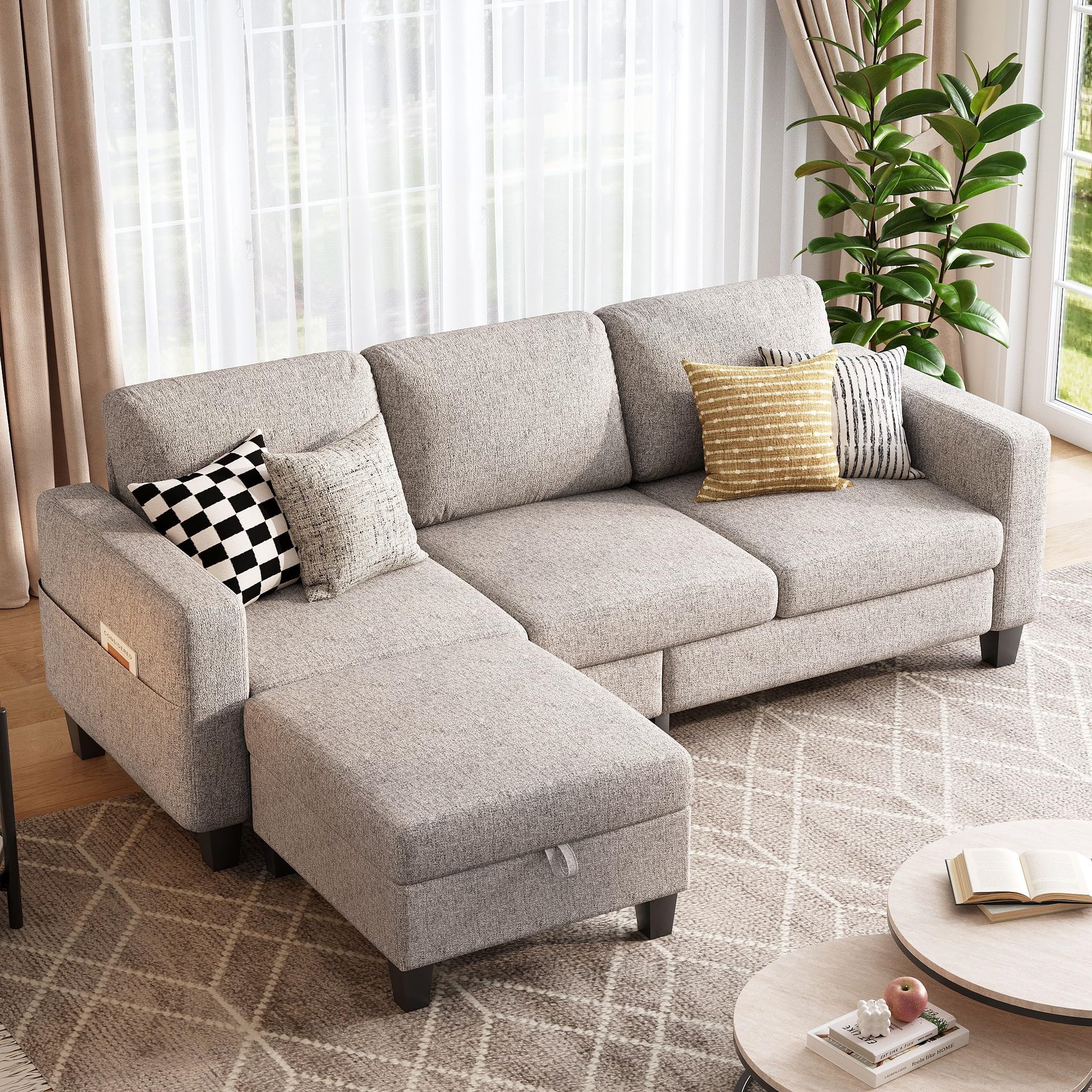 78 L Shaped Sectional Couches for Living Room - Reversible 3-Seat Brown Sofa with Storage Ottoman for Small