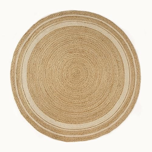 Vista 114 de GRUHUM Alfombra tejida a mano de yute redonda de 4 pies, de fibra natural, alfombra bohemia rústica, vintage, trenzada, reversible, ecológica
