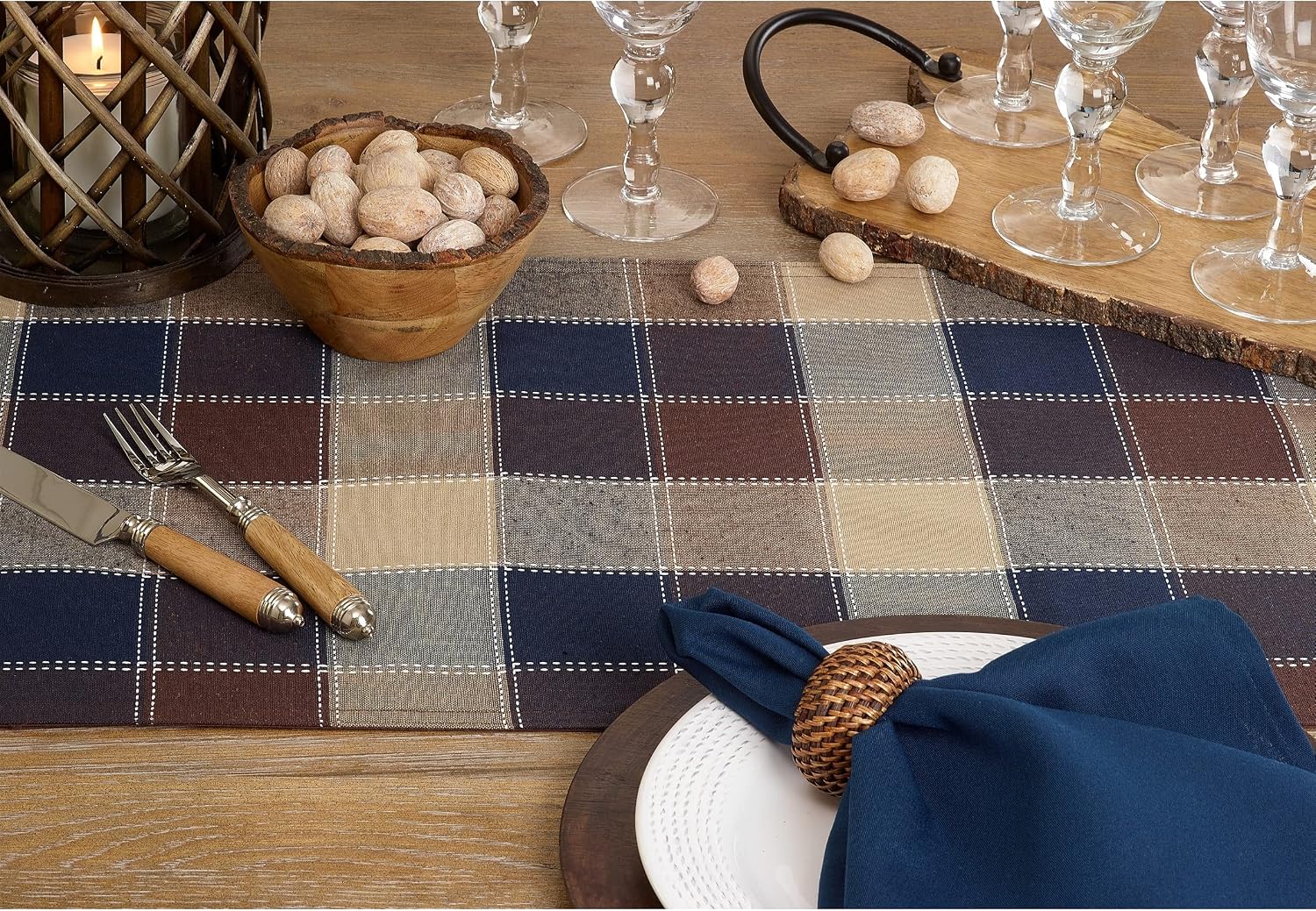 SARO LIFESTYLE 8571.BR1690B Harvest Collection Cotton And Poly Blend Runner With Stitched Plaid Design, 16" x 90", Brown