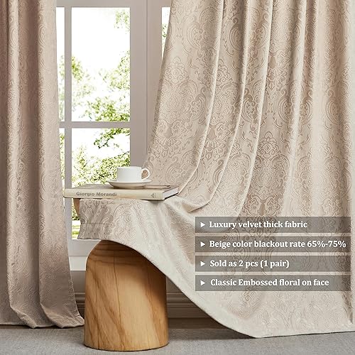 Miniatura 3 de GIGIZAZA Cortinas de terciopelo beige de 84 pulgadas de largo para sala de estar, 2 paneles de cortinas bohemias de lujo con estampado de flores en