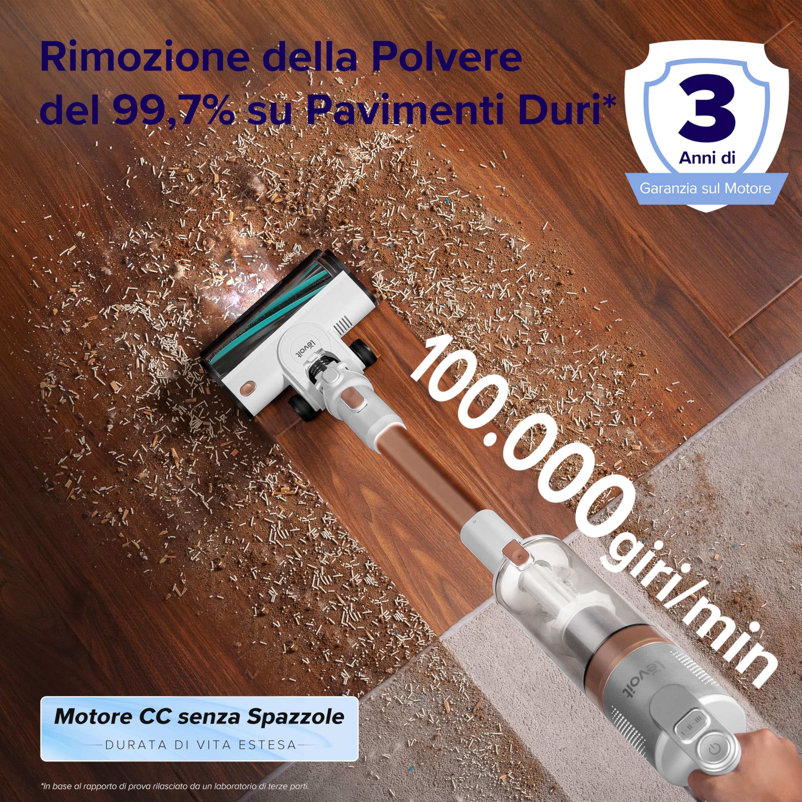 LEVOIT Aspirapolvere Senza Fili con Tecnologia Antigroviglio, 3 Modalità, 12-50 Minuti, Filtrazione al 5 Stadi, Scopa Elettrica Senza Fili con 3 Spazzole, per Peli, Pavimento, Auto, Oro Rosa