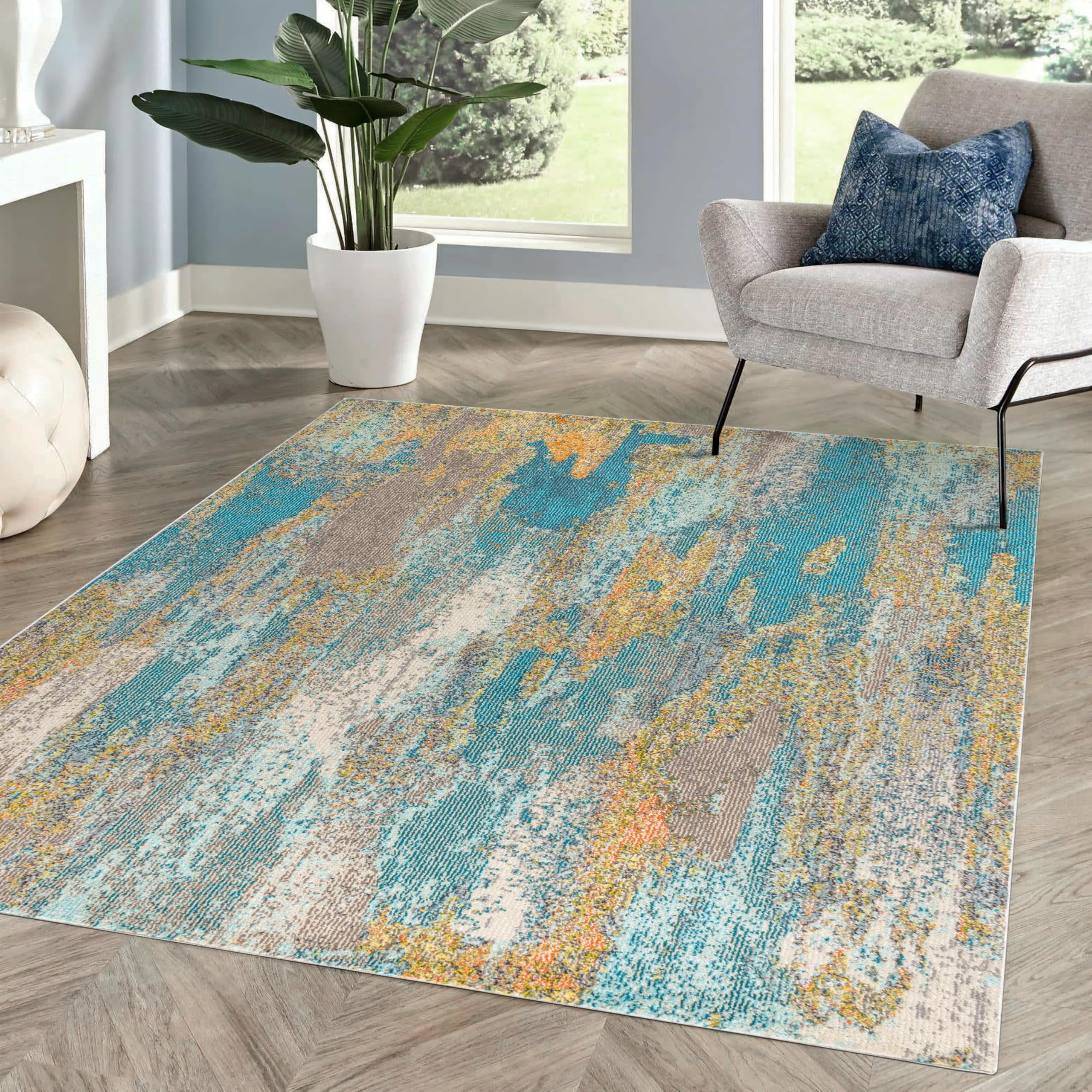 JONATHAN Y CTP106A-5 Pop contemporaneo moderno astratto a cascata vintage area interna tappeto, transizione, pulizia di bohémien, soggiorno, non spargimento, blu/marrone/arancione, 150 cm X 240 cm