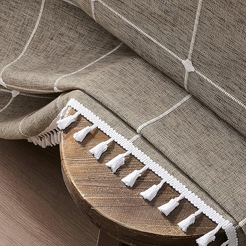 Miniatura 4 de ZeeMart Mantel de cuadros bohemio con borlas (marrón coacao, 60 x 60 pulgadas), mantel de lino pesado bordado a cuadros, resistente al agua,