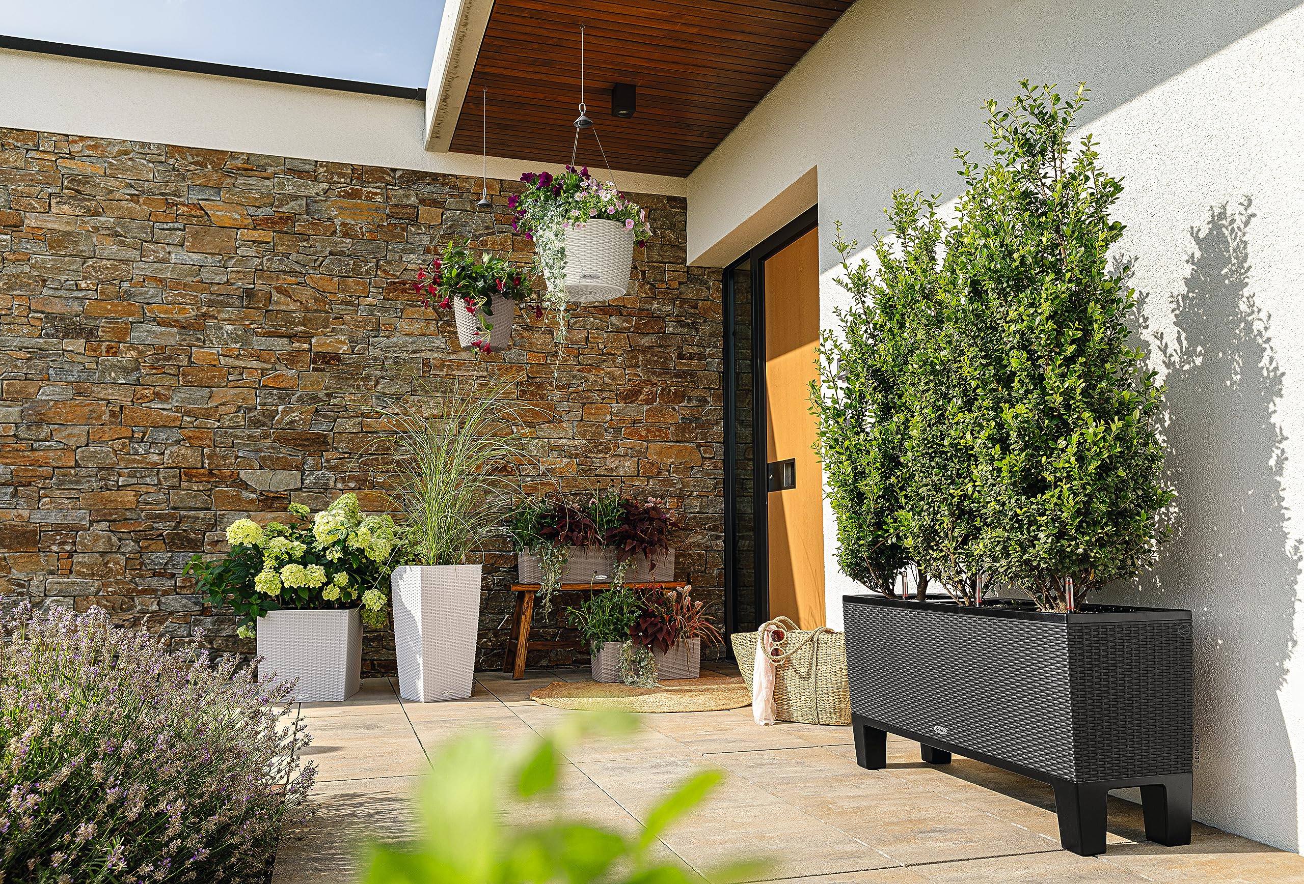 Lechuza Cottage Trio Pot de Fleurs d'Extérieur et d'Intérieur avec Réserve d'Eau Intégrée Granit 100 x 32 x 34 cm