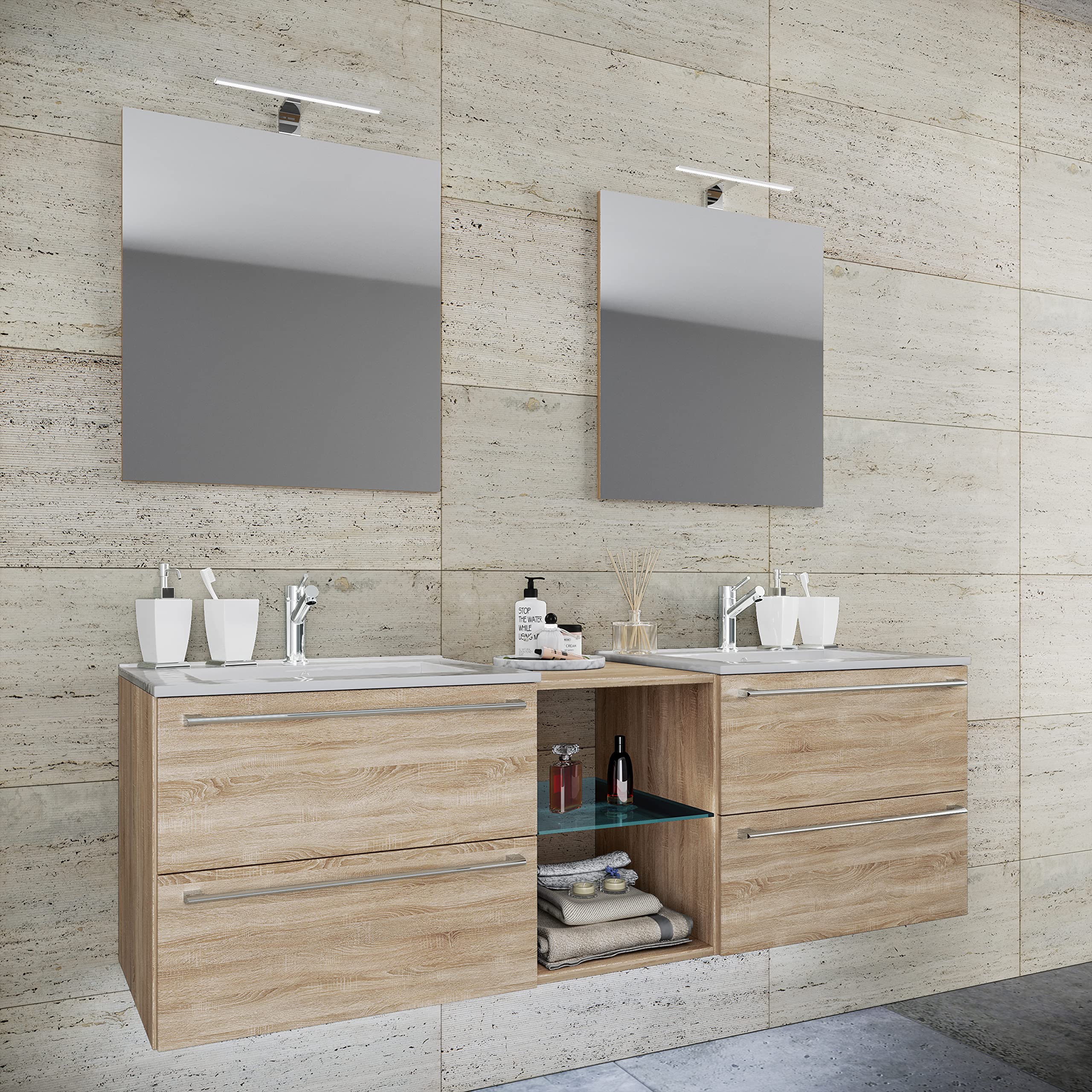 VCM 3-TLG. Set | 2 Waschtisch, 2 Spiegel, 2 Waschbecken, 1 Mittelfach | Keramik Waschbecken | Unterschrank 155 cm | Badmöbel Set Doppel Waschplatz - Badinos XXL
