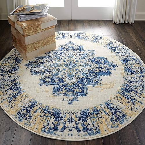 Nourison Grafix Persian White 4' x ROUND Area -Rug, Easy -Cleaning, Non Shedding, Bed Room, Living Room, Dining Room, Kitchen (4 Round)