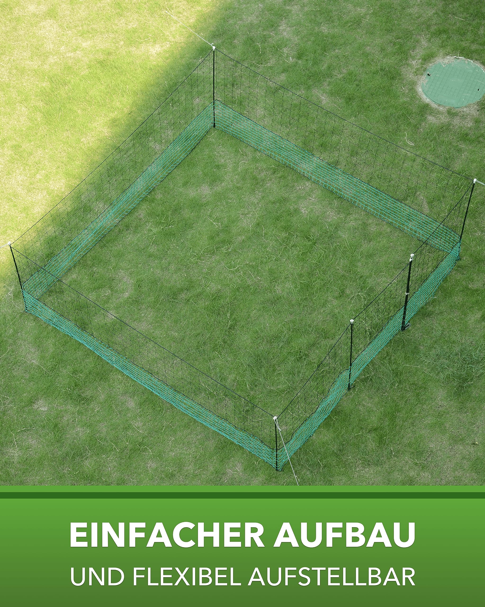 Geflügelnetz - engmaschiger Hühnerzaun - Weidezaun - Kleintierzaun mit Zugangstor, Pfählen und Heringen - mobiler Geflügelzaun - Farmzaun - Größe: 12m x 125cm