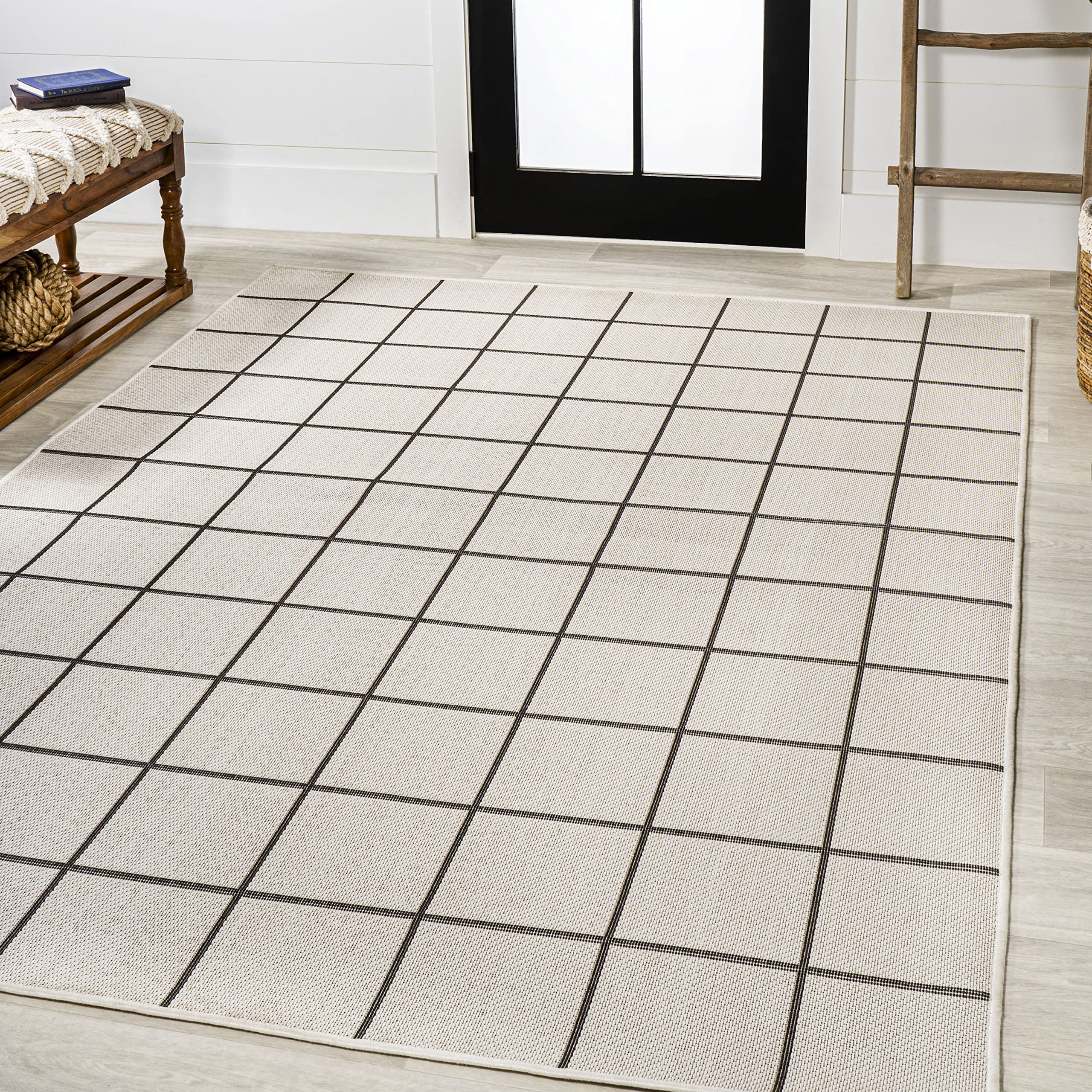 JONATHAN Y SMB200A-3 Grid Modern Squares Indoor Outdoor Modern Contemporary Transitional Area Rug,High Traffic,Kitchen,Living Room,Backyard,Non Shedding,3 X 5,Cream/Black