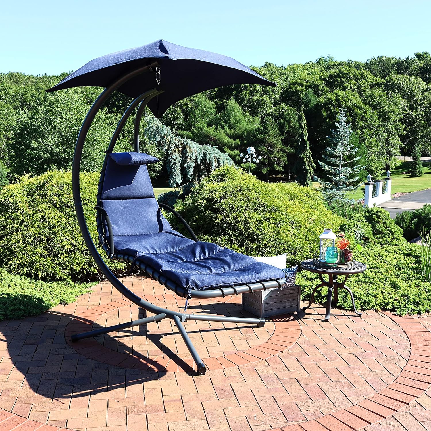 Sunnydaze Floating Chaise Lounger Swing Chair with Umbrella Canopy - Curved Steel Hammock Lounge Chair with Cushion and Pillow - Removable Cushion and Umbrella Shade - 82-Inch Tall - Navy Blue