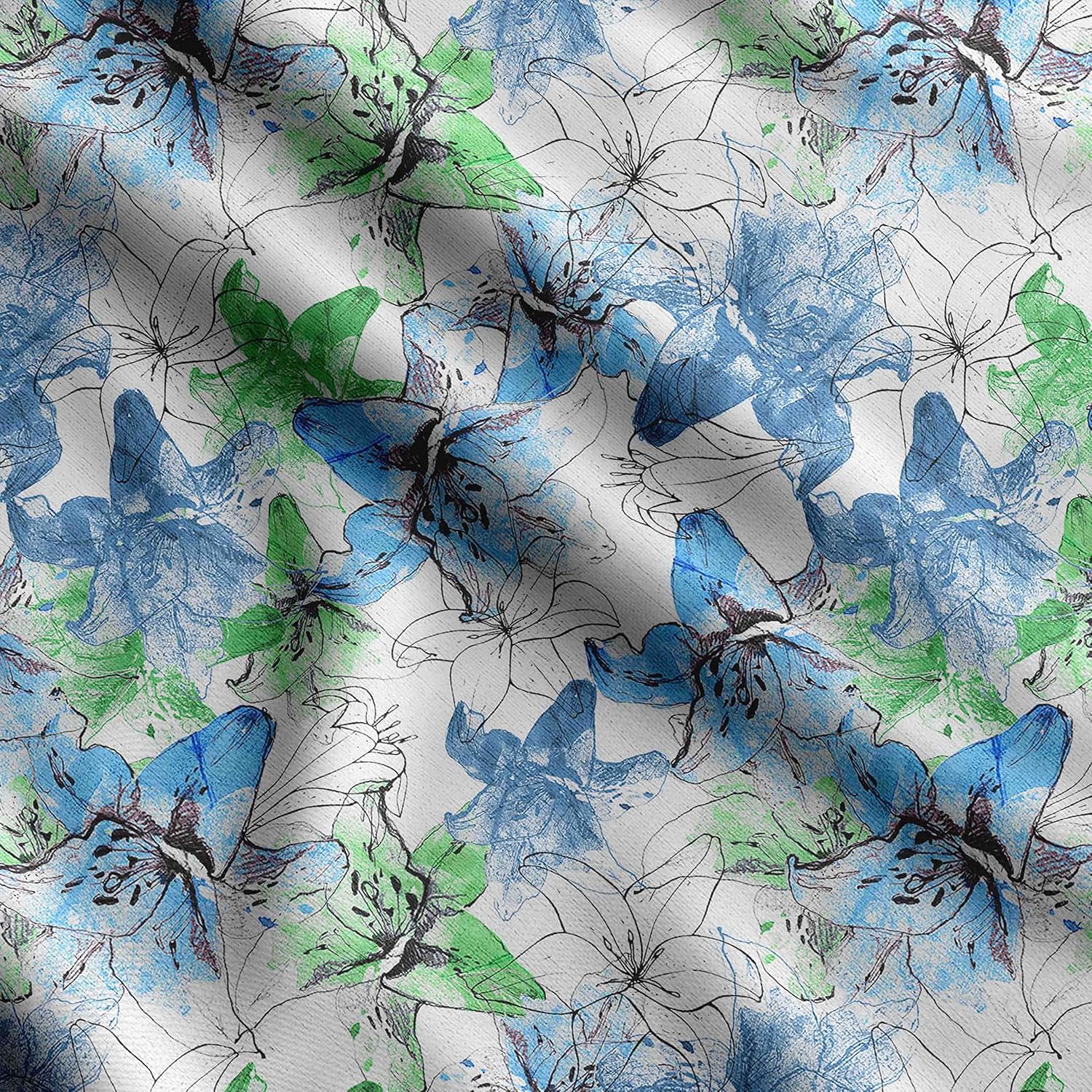 Soimoi Watercolor Floral Print - Blue, Canvas Fabric Material - 56 Inch Wide, 1 Yard, Unstitched Fabric for Upholstery, Bags, Workwear and Outdoor Gear.