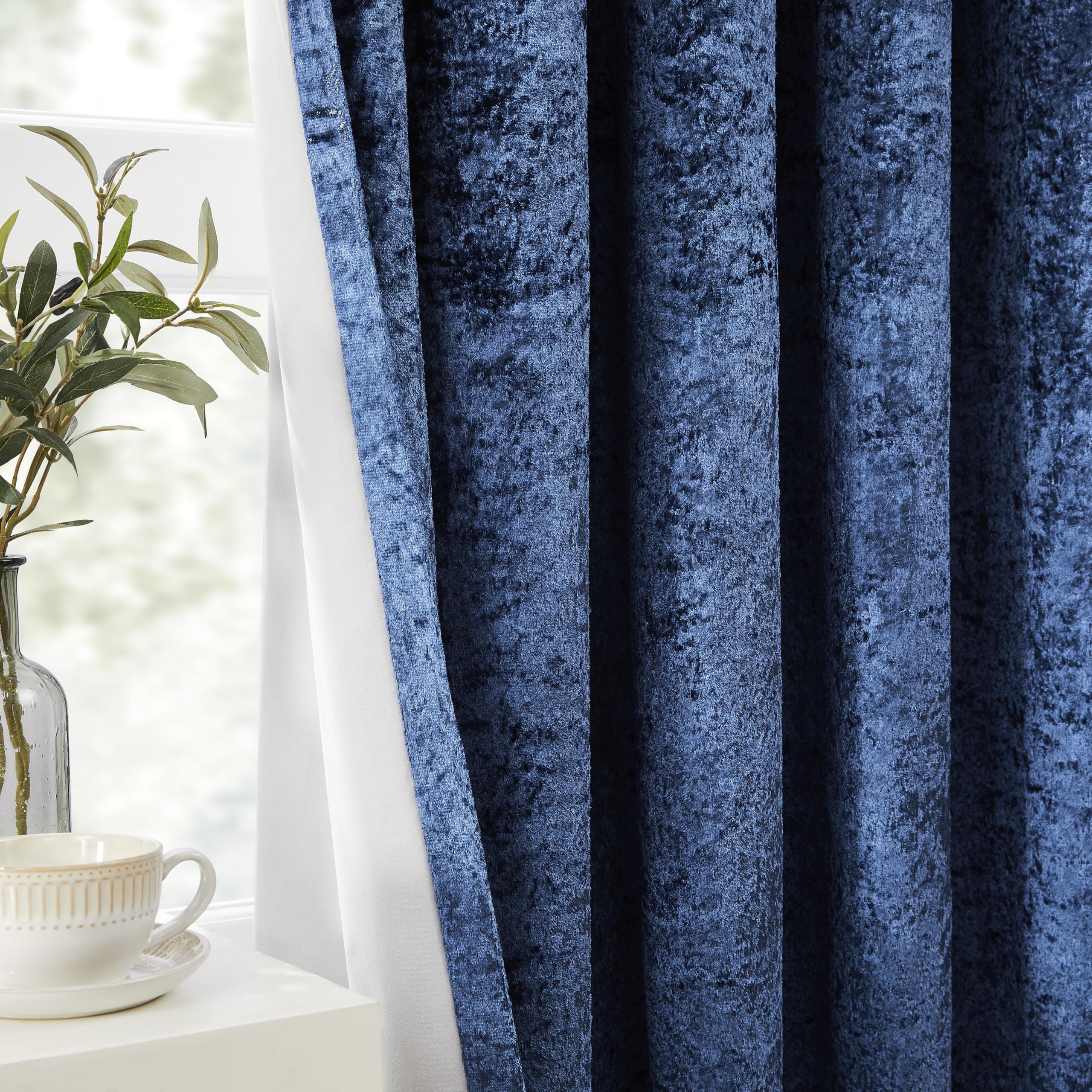 Bujasso Navy Full Blackout Curtains 54 inch Eyelet Crushed Velvet with Blackout Lining Drapes for Living Room Bedroom Thermal Insulated Room Darkening Curtains 2 Panels Grommet Top W46xL54