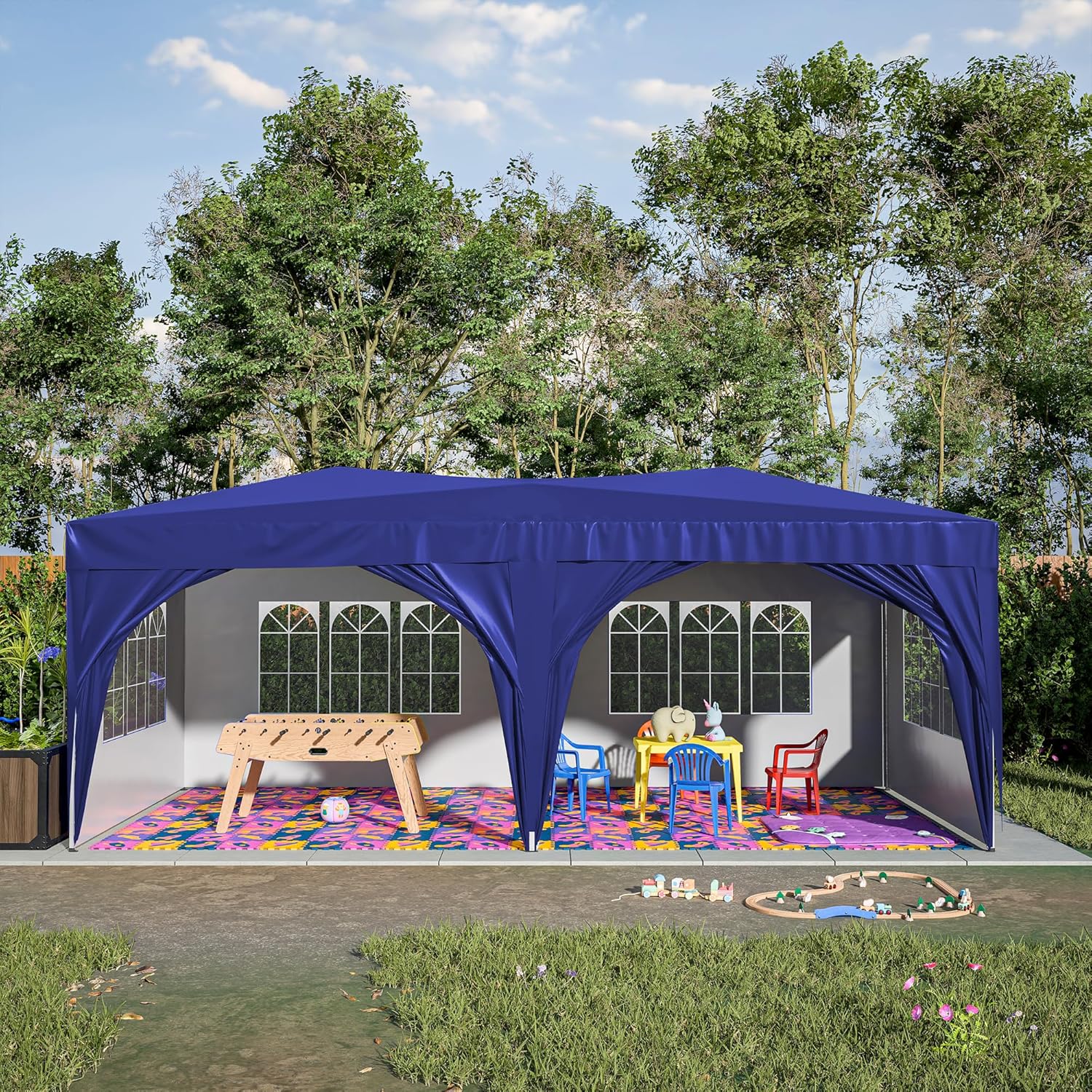 GOWE 10'x20' EZ Pop Up Canopy Outdoor Portable Party Folding Tent with 6 Removable Sidewalls + Carry Bag + 6pcs Weight Bag Beige Blue